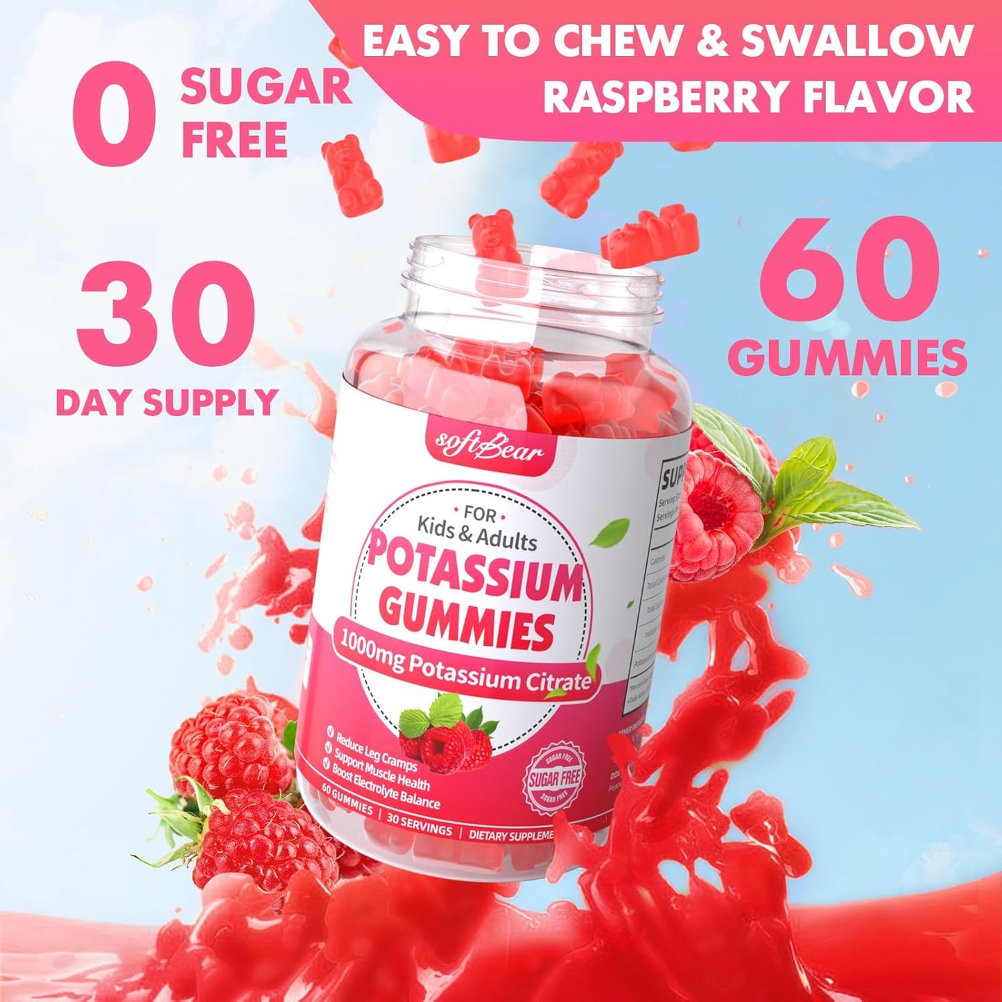 Organic Raspberry Flavored Potassium Gummies 1000mg for Adults - Supports Leg Cramps & Muscle Health - 120 Count