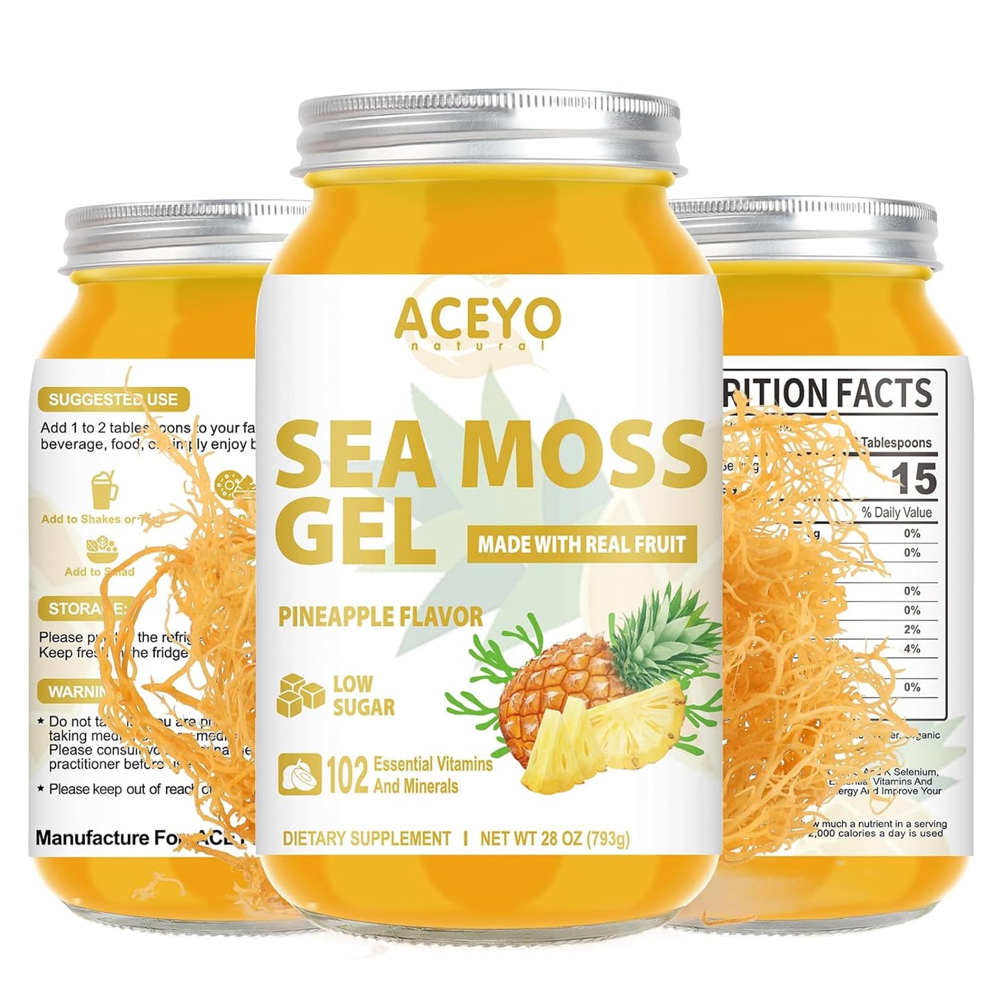 Organic Raw ACEYO Sea Moss Gel (28 oz) - Pineapple Flavored Vegan Supplement with 102 Vitamins and Minerals for Immune and Digestive Support