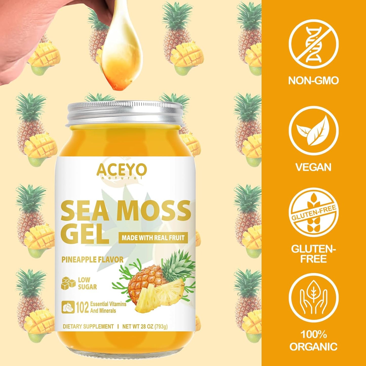 Organic Raw ACEYO Sea Moss Gel (28 oz) - Pineapple Flavored Vegan Supplement with 102 Vitamins and Minerals for Immune and Digestive Support