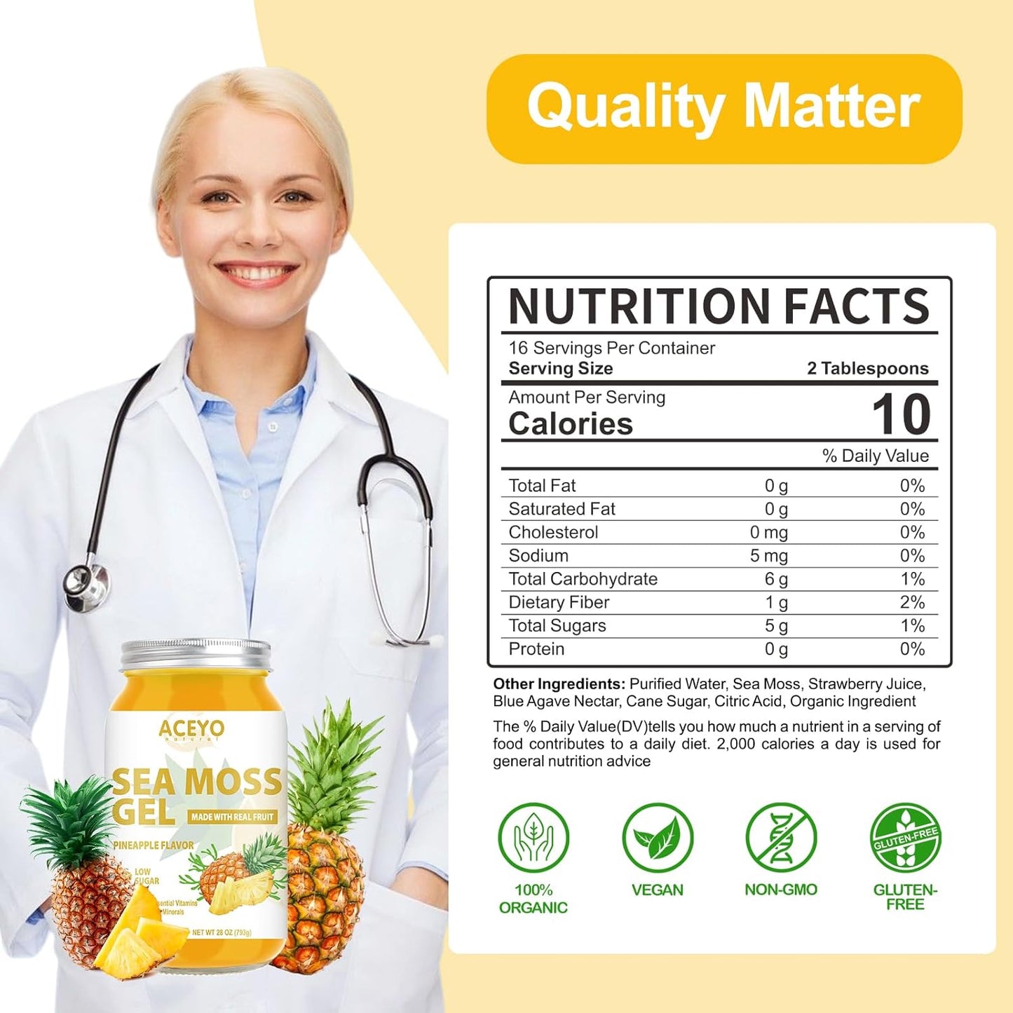 Organic Raw ACEYO Sea Moss Gel (28 oz) - Pineapple Flavored Vegan Supplement with 102 Vitamins and Minerals for Immune and Digestive Support