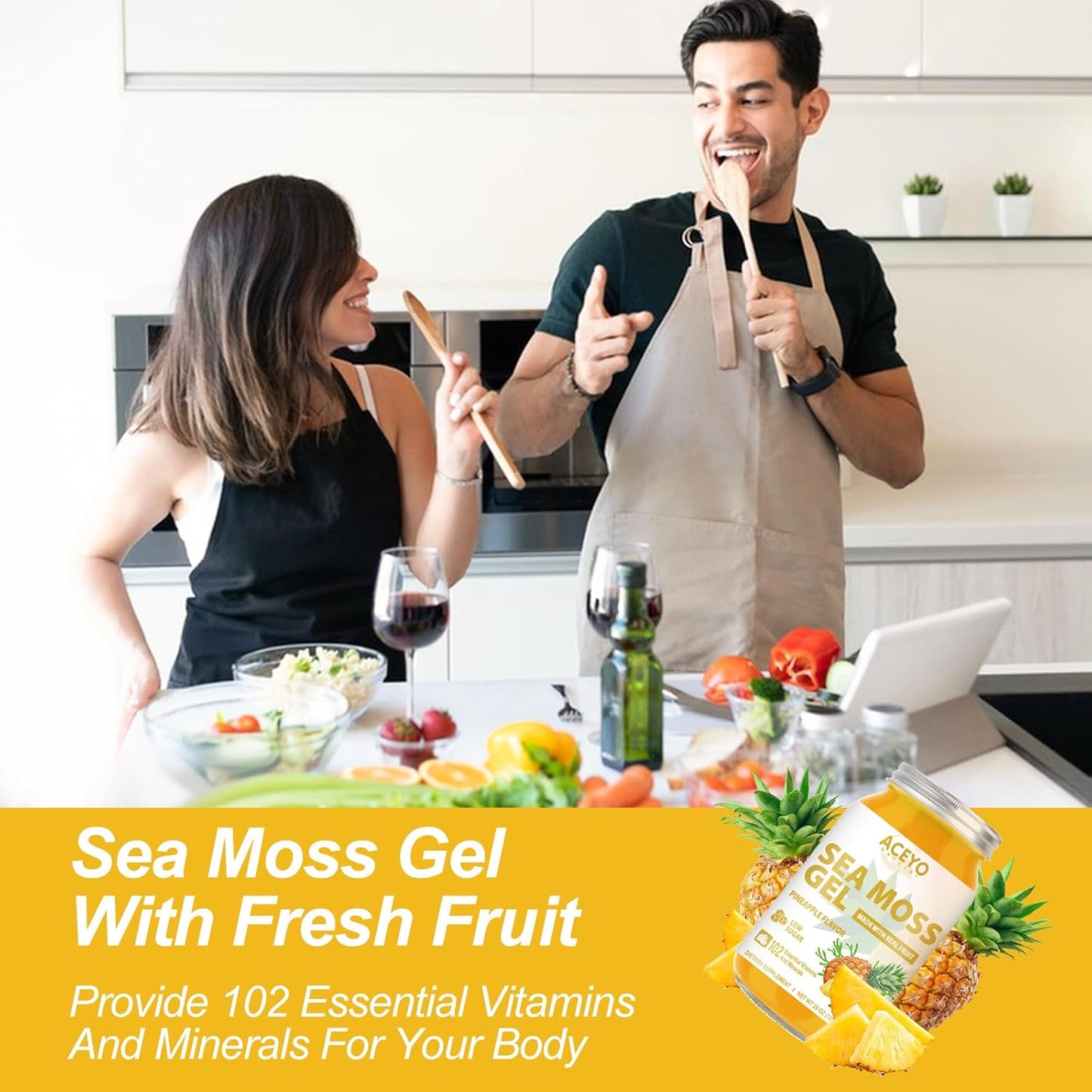 Organic Raw ACEYO Sea Moss Gel (28 oz) - Pineapple Flavored Vegan Supplement with 102 Vitamins and Minerals for Immune and Digestive Support