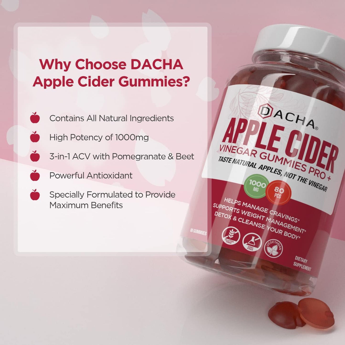 Organic Raw Apple Cider Vinegar Gummies - 80 Count, 1000mg with Mother, Immune Support, Detox, Heartburn Relief, Pomegranate Beet Root, Vitamin B9 B12 - Non-Sticky Formula for Fitness