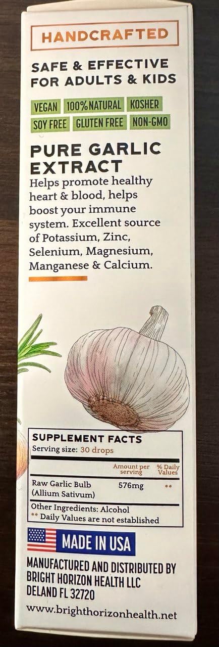 Organic Raw Garlic Extract Liquid Supplement with Allicin for Immune Support - 1 fl oz Vegan Friendly Formula