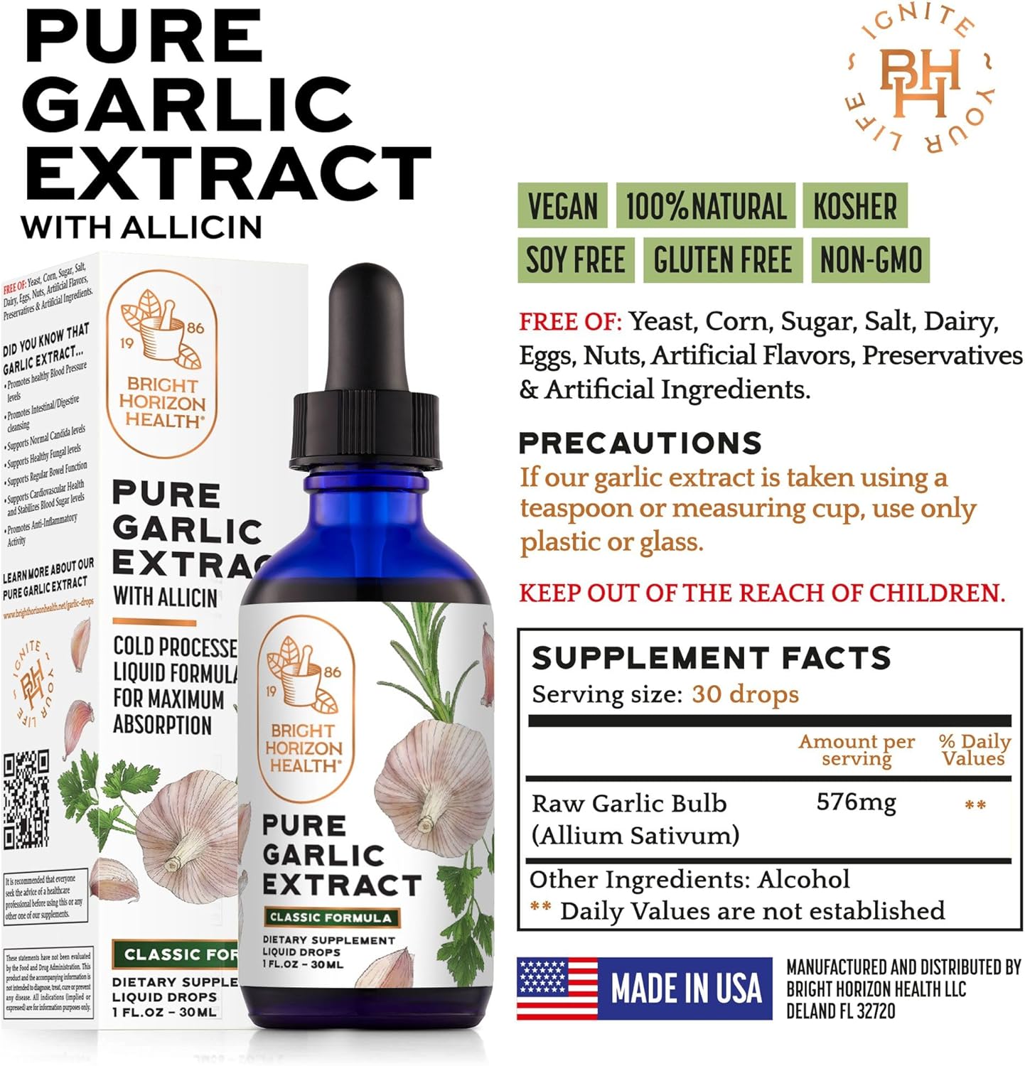 Organic Raw Garlic Extract Liquid Supplement with Allicin for Immune Support - 1 fl oz Vegan Friendly Formula