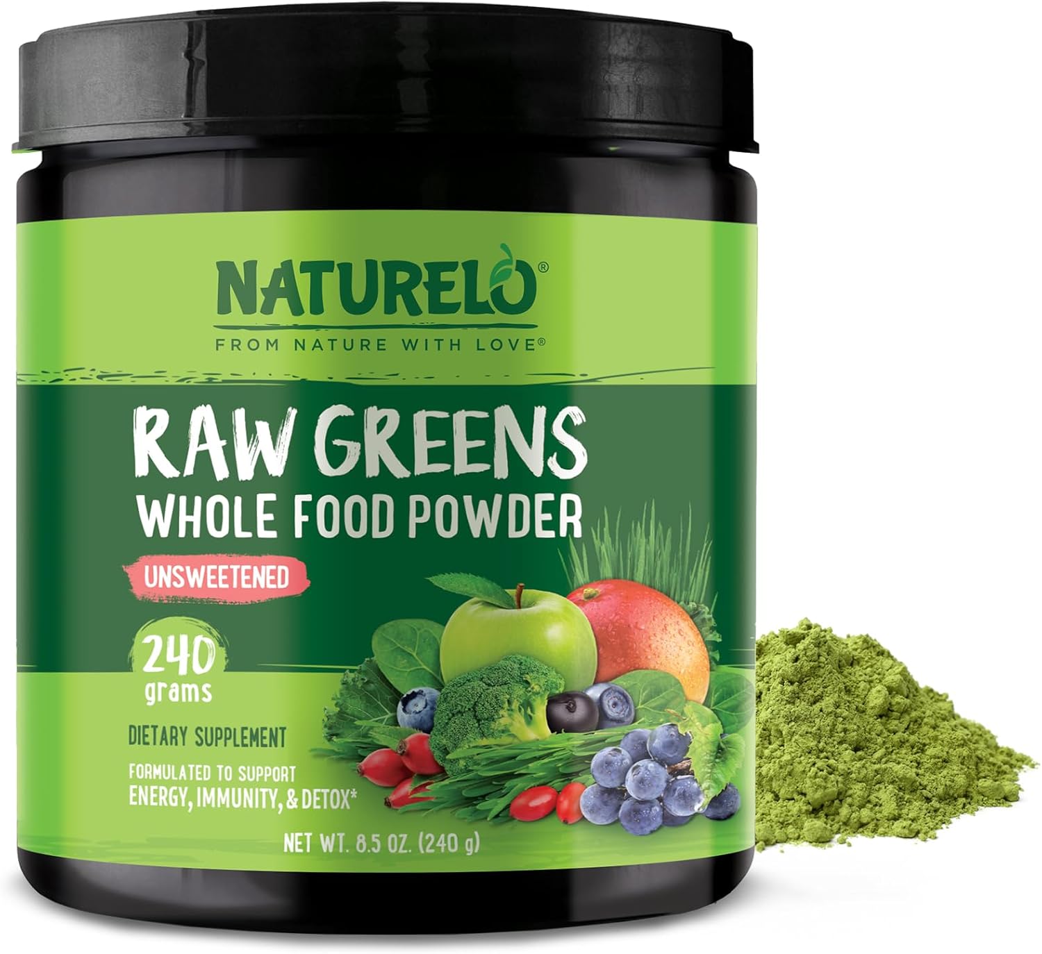 Organic Raw Greens Superfood Powder - Unsweetened Energy Boost & Detox - Spirulina, Wheat Grass - Whole Food Nutrition - 240g