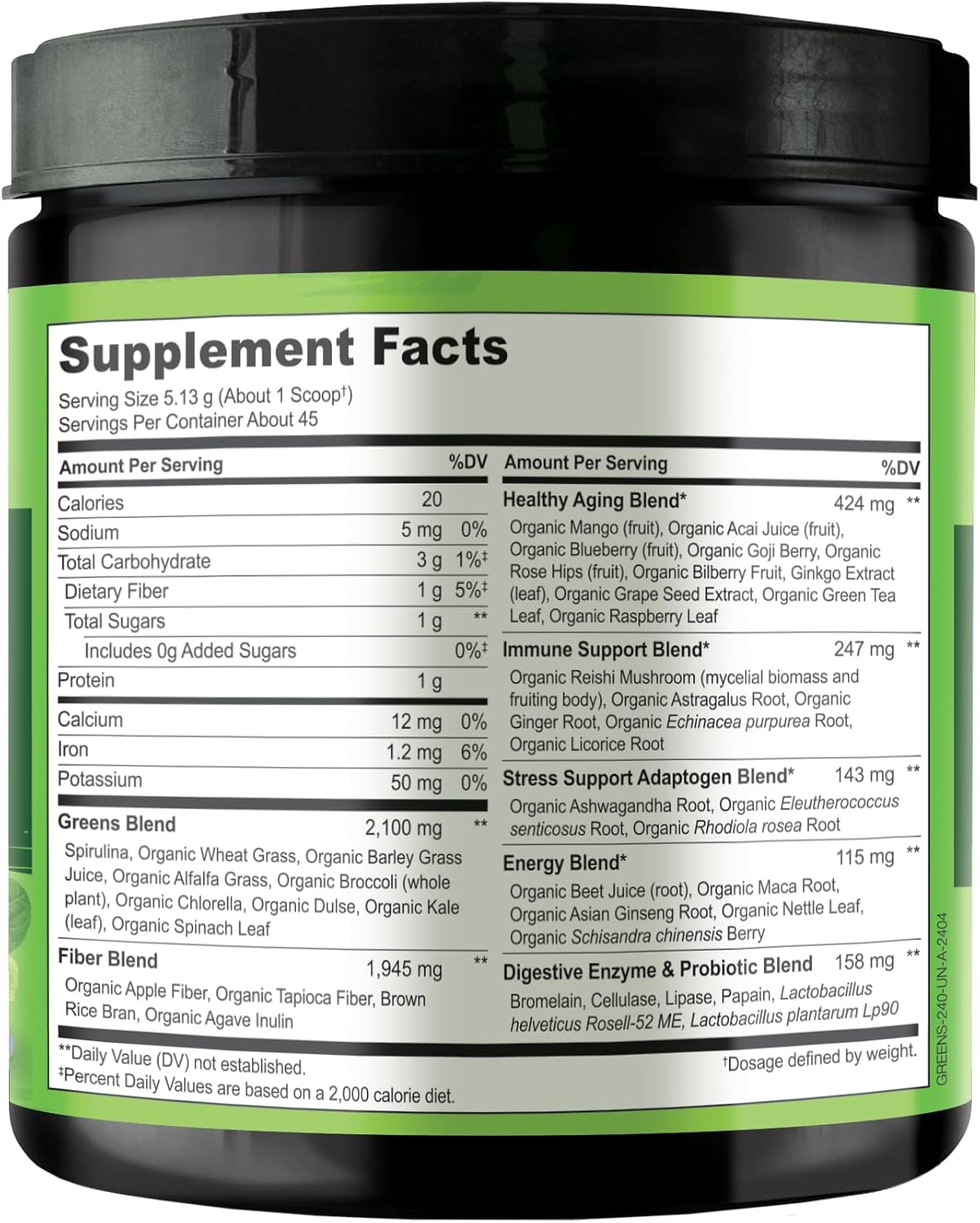 Organic Raw Greens Superfood Powder - Unsweetened Energy Boost & Detox - Spirulina, Wheat Grass - Whole Food Nutrition - 240g