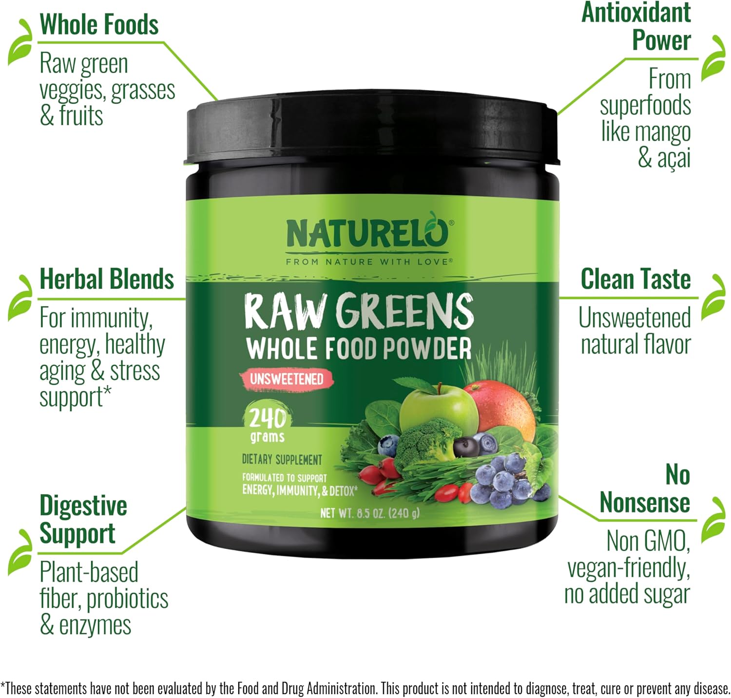Organic Raw Greens Superfood Powder - Unsweetened Energy Boost & Detox - Spirulina, Wheat Grass - Whole Food Nutrition - 240g