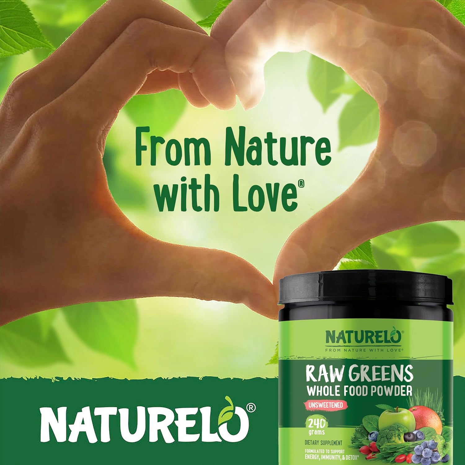 Organic Raw Greens Superfood Powder - Unsweetened Energy Boost & Detox - Spirulina, Wheat Grass - Whole Food Nutrition - 240g