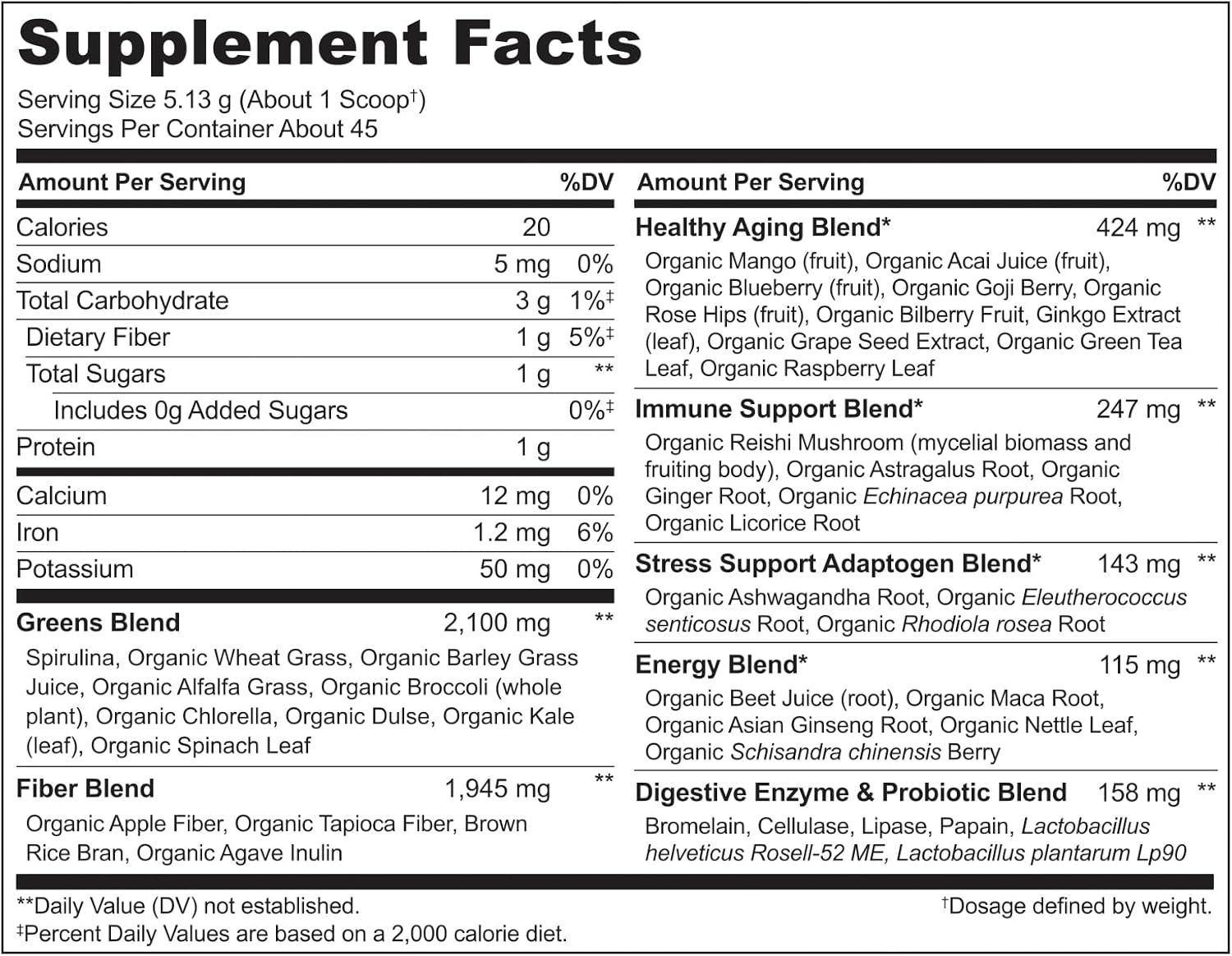 Organic Raw Greens Superfood Powder - Unsweetened Energy Boost & Detox - Spirulina, Wheat Grass - Whole Food Nutrition - 240g