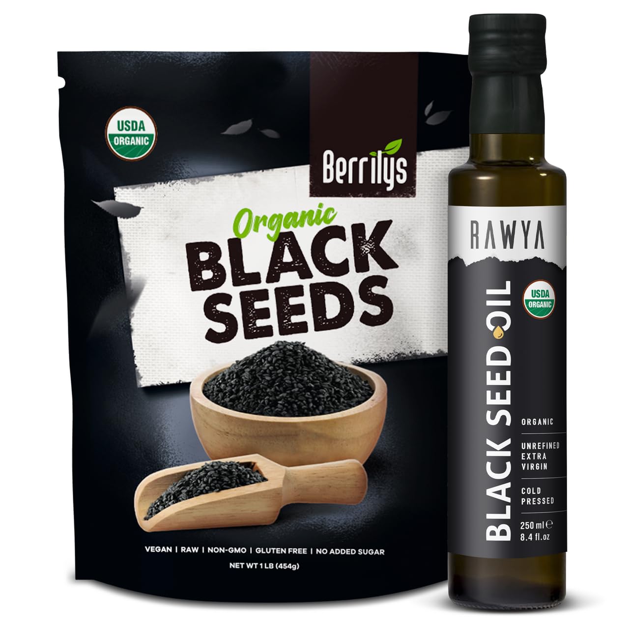 Organic RAWYA Black Seed Oil and Seeds Bundle - Cold Pressed Nigella Sativa, Cumin Seed Oil, High Thymoquinone, Pure & Natural - USDA Certified - 8.4 Oz Oil + 16 Oz Seeds