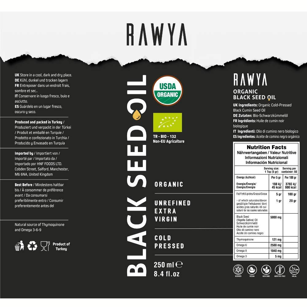 Organic RAWYA Black Seed Oil and Seeds Bundle - Cold Pressed Nigella Sativa, Cumin Seed Oil, High Thymoquinone, Pure & Natural - USDA Certified - 8.4 Oz Oil + 16 Oz Seeds
