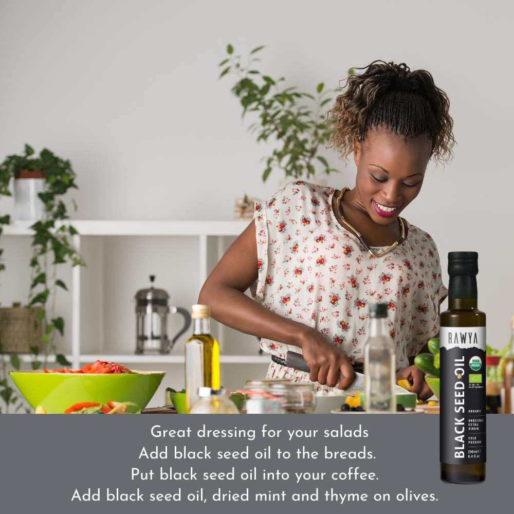 Organic RAWYA Black Seed Oil and Seeds Bundle - Cold Pressed Nigella Sativa, Cumin Seed Oil, High Thymoquinone, Pure & Natural - USDA Certified - 8.4 Oz Oil + 16 Oz Seeds