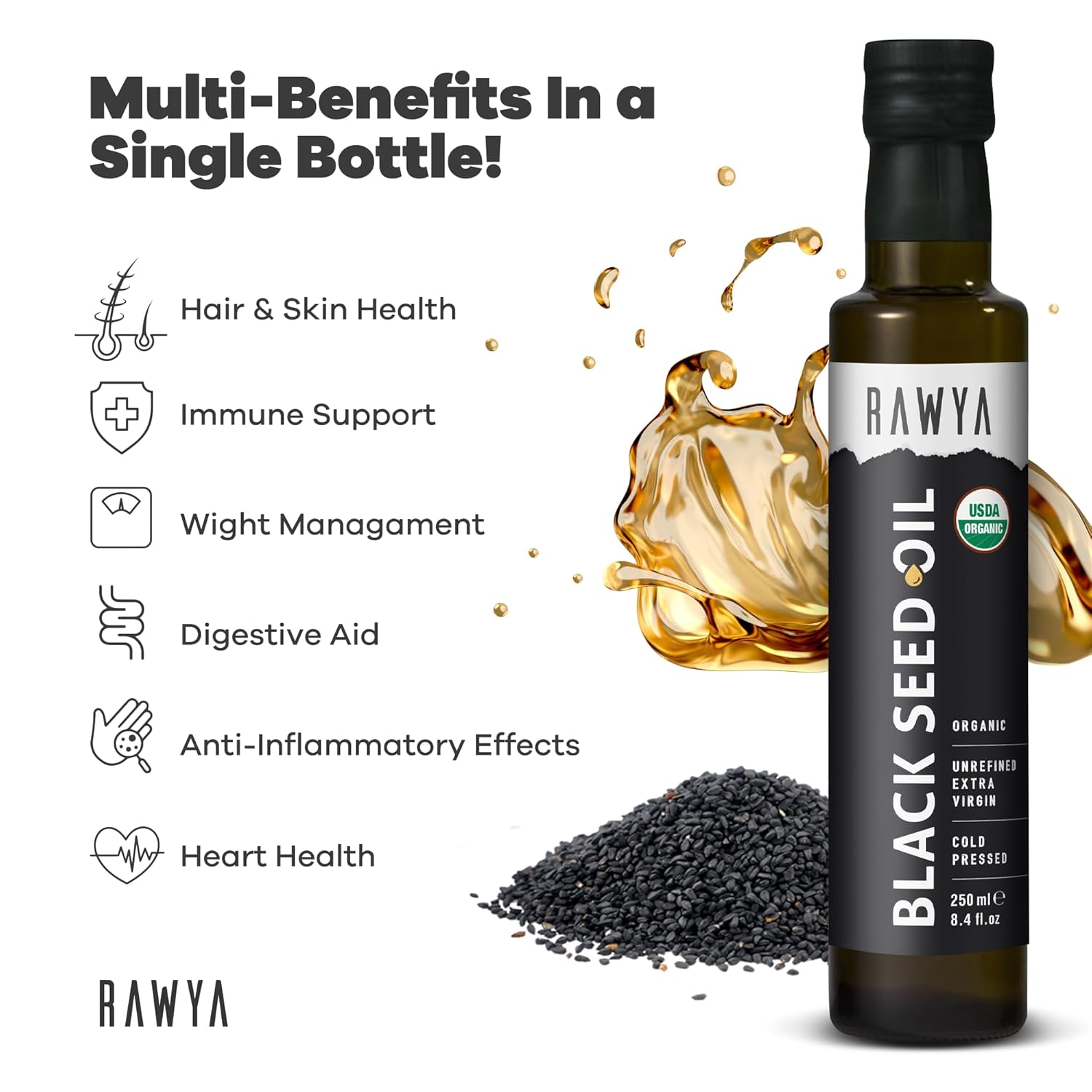 Organic RAWYA Black Seed Oil | Cold Pressed Nigella Sativa | High TQ | Non-GMO | Pure and Natural | 8.4 Fl Oz Glass Bottle