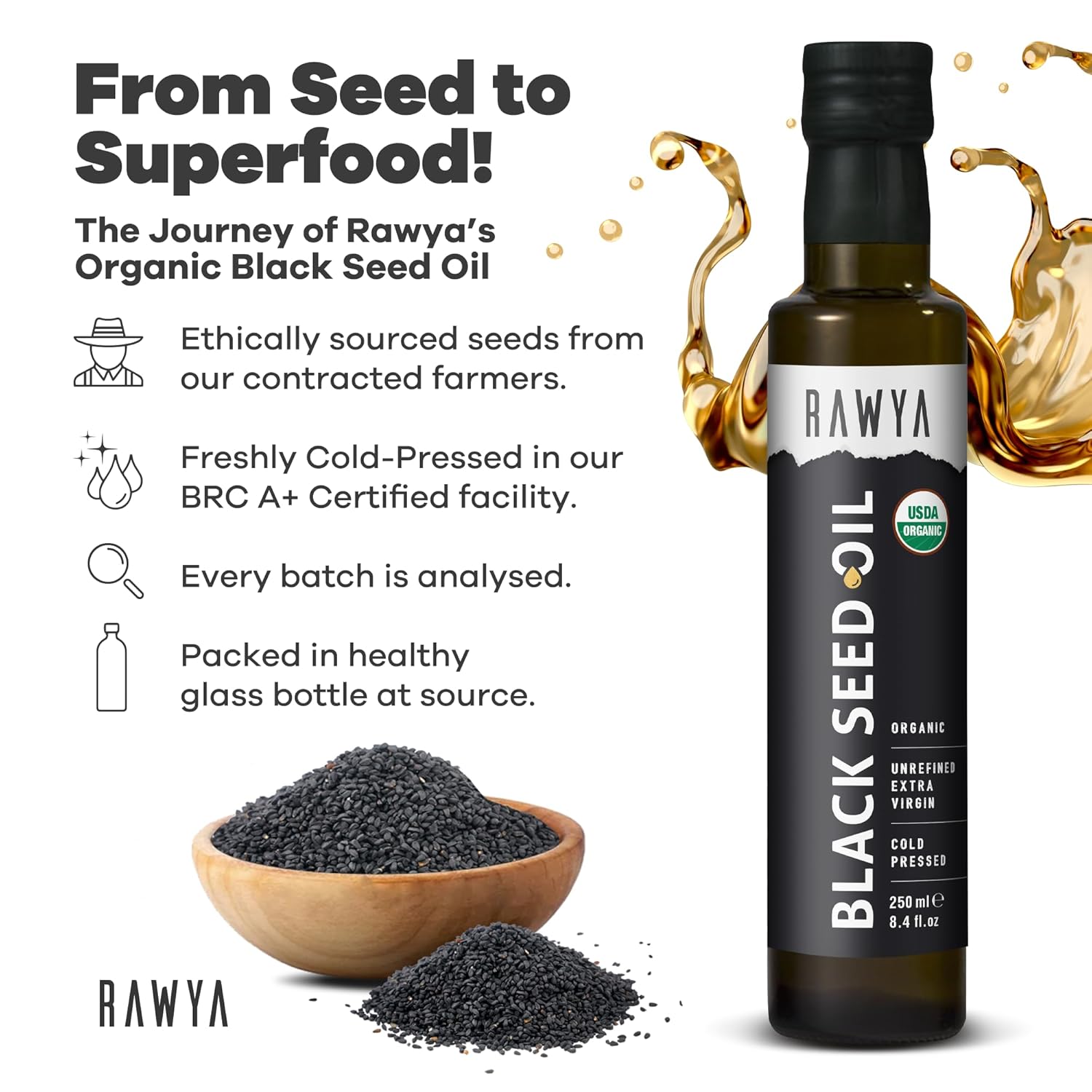 Organic RAWYA Black Seed Oil | Cold Pressed Nigella Sativa | High TQ | Non-GMO | Pure and Natural | 8.4 Fl Oz Glass Bottle