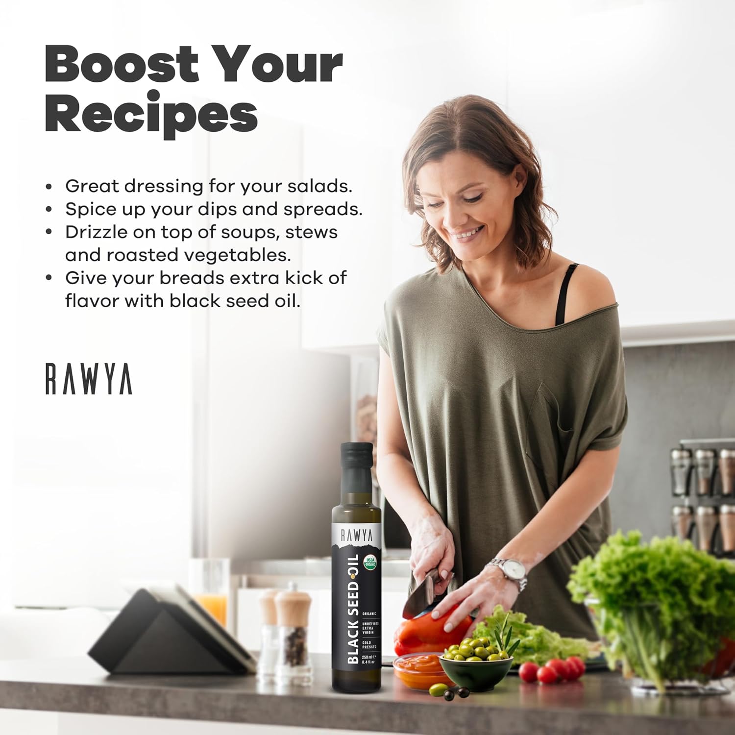 Organic RAWYA Black Seed Oil | Cold Pressed Nigella Sativa | High TQ | Non-GMO | Pure and Natural | 8.4 Fl Oz Glass Bottle