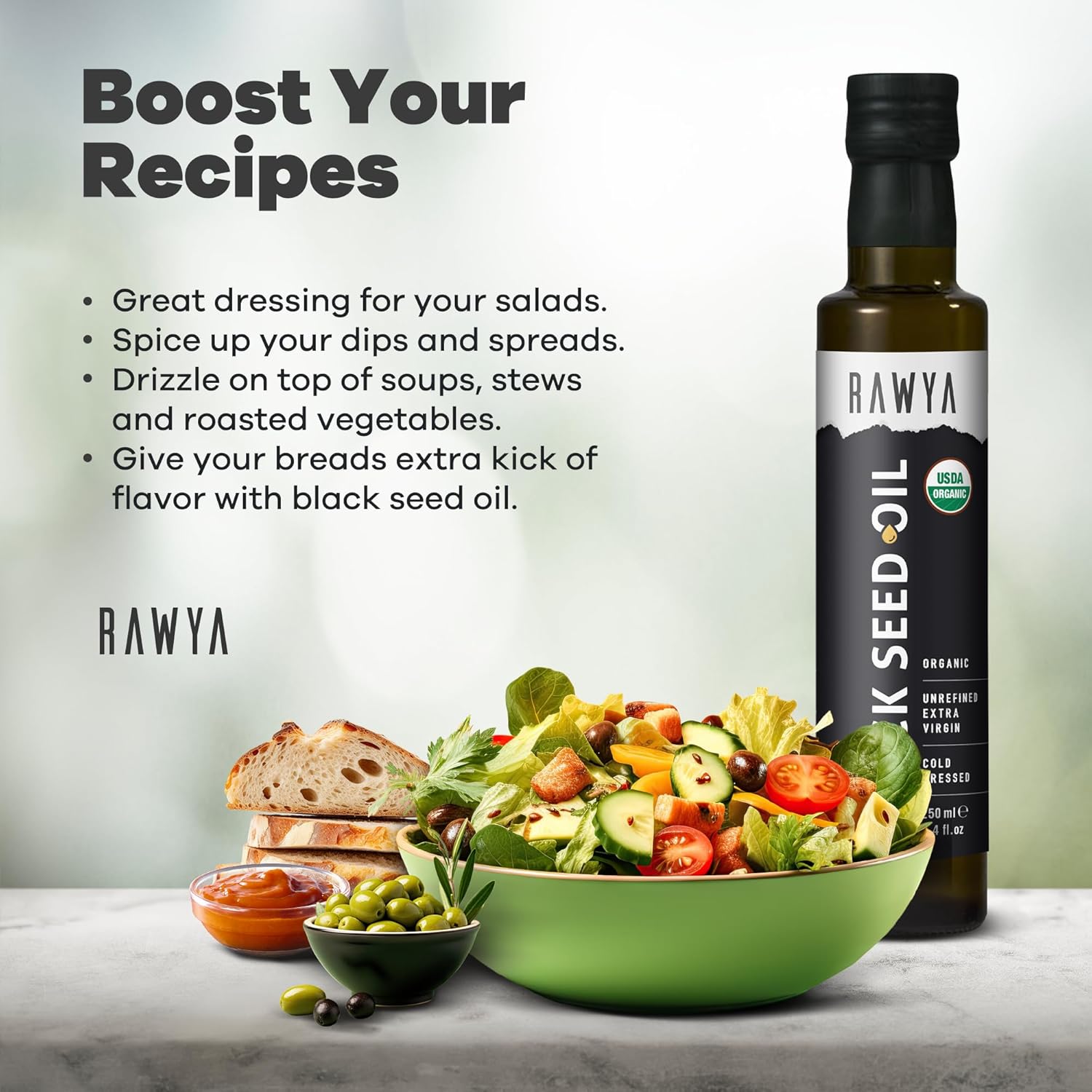 Organic RAWYA Black Seed Oil | Cold Pressed Nigella Sativa | High TQ | Non-GMO | Pure and Natural | 8.4 Fl Oz Glass Bottle