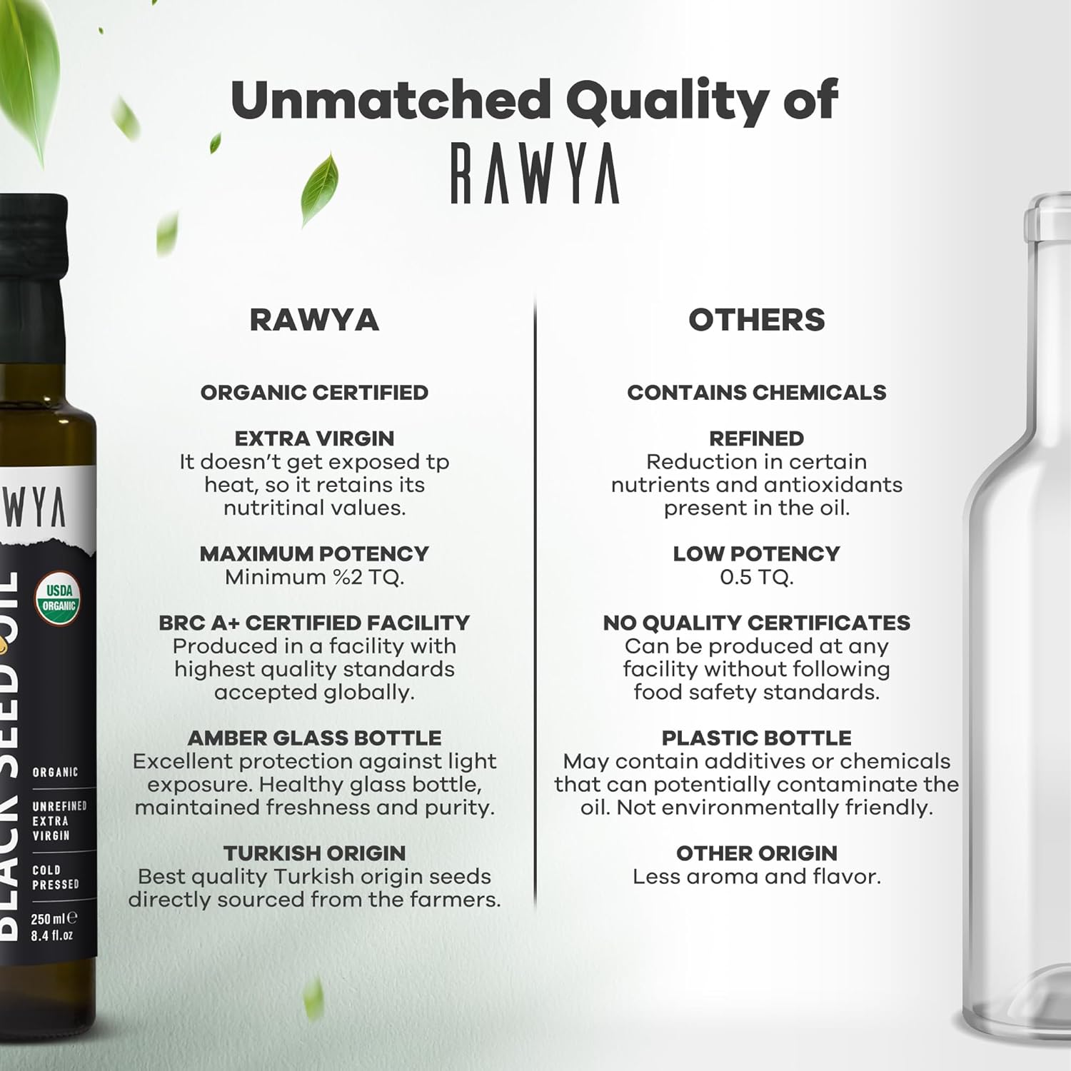 Organic RAWYA Black Seed Oil | Cold Pressed Nigella Sativa | High TQ | Non-GMO | Pure and Natural | 8.4 Fl Oz Glass Bottle