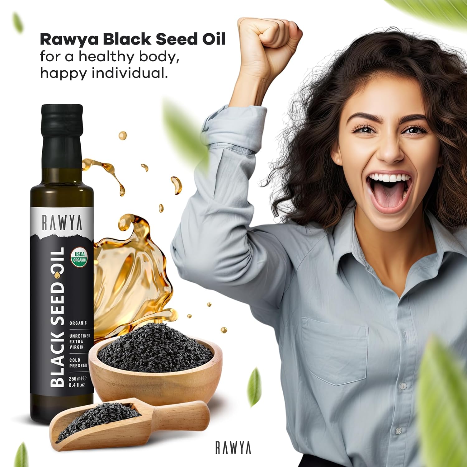 Organic RAWYA Black Seed Oil | Cold Pressed Nigella Sativa | High TQ | Non-GMO | Pure and Natural | 8.4 Fl Oz Glass Bottle