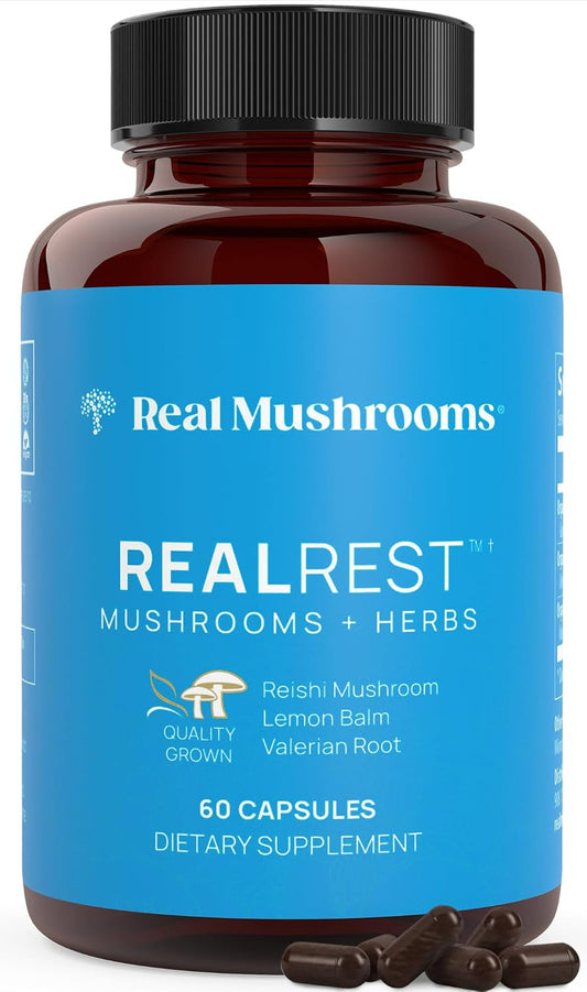 Organic RealRest 60ct Reishi Mushroom Capsules with Lemon Balm for Relaxation and Sleep Support