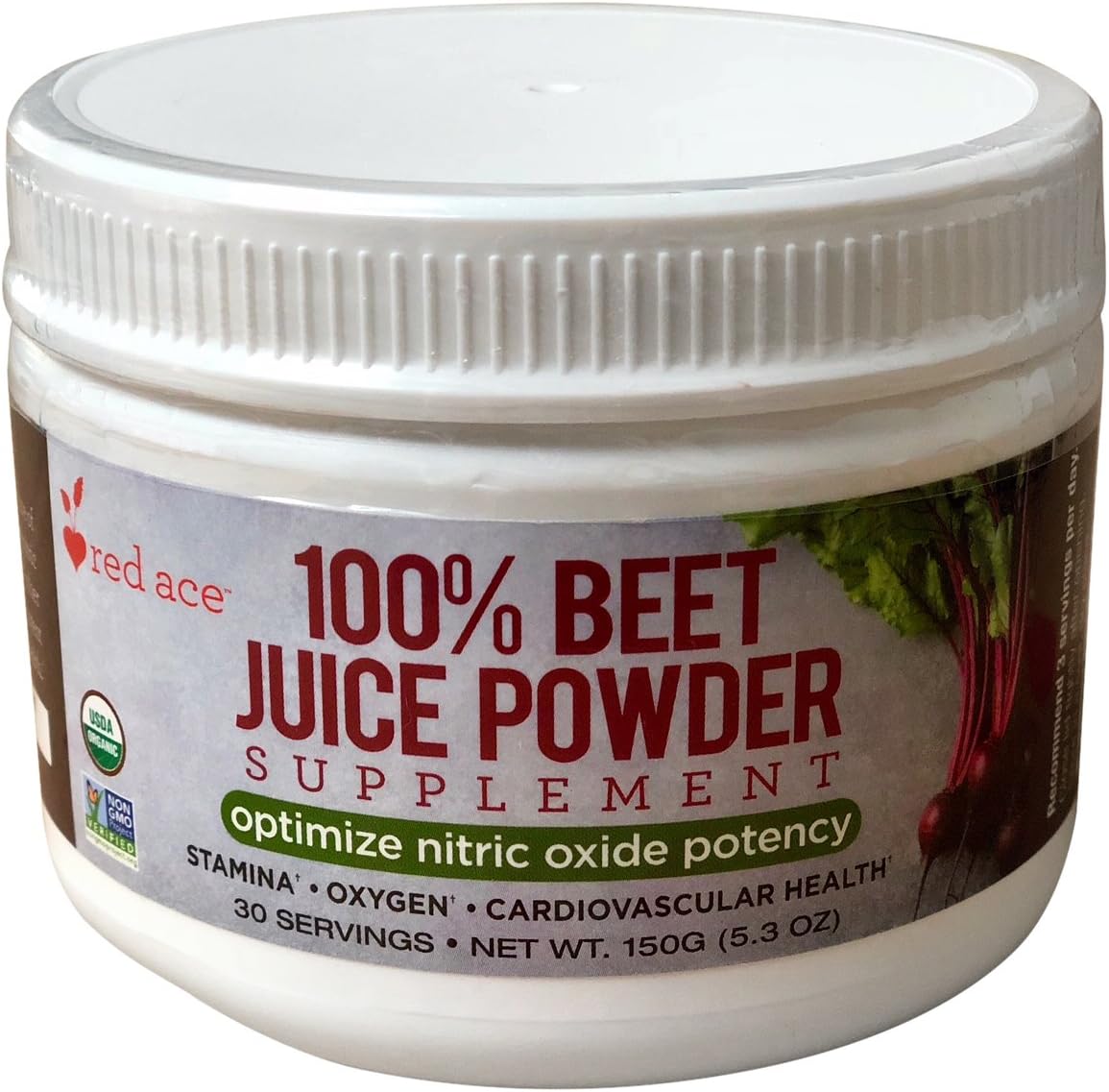 Organic Red Ace Beet Juice Powder - Nitric Oxide Booster for Stamina - Non GMO, No Added Sugar - 5.3 oz Jar