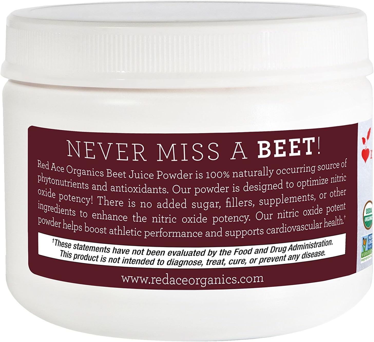 Organic Red Ace Beet Juice Powder - Nitric Oxide Booster for Stamina - Non GMO, No Added Sugar - 5.3 oz Jar