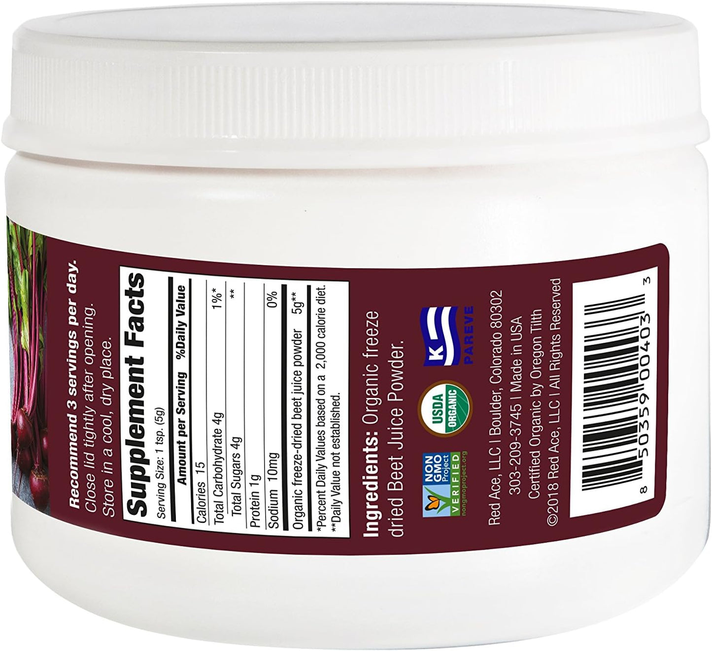 Organic Red Ace Beet Juice Powder - Nitric Oxide Booster for Stamina - Non GMO, No Added Sugar - 5.3 oz Jar