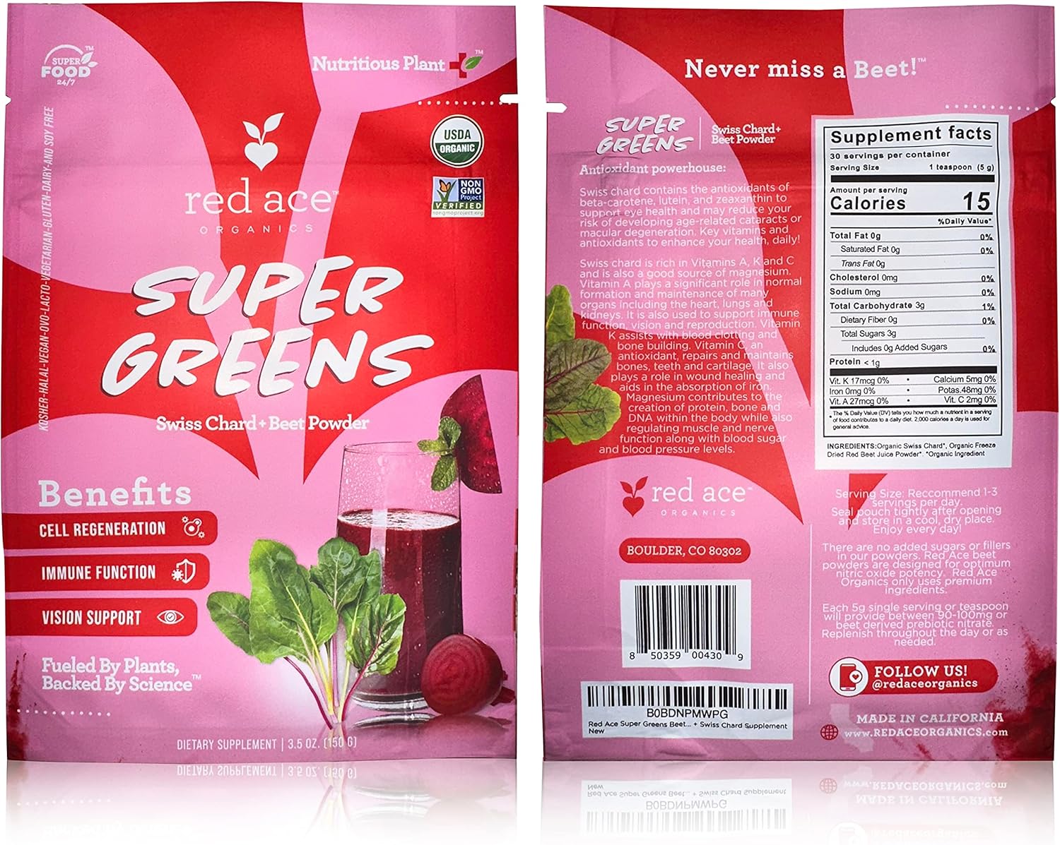 Organic Red Ace Swiss Chard & Beet Powder for Energy Boost - Gluten-Free, Vegan Nitric Oxide Booster - Superfood Greens Supplement for Men & Women, 5.3oz