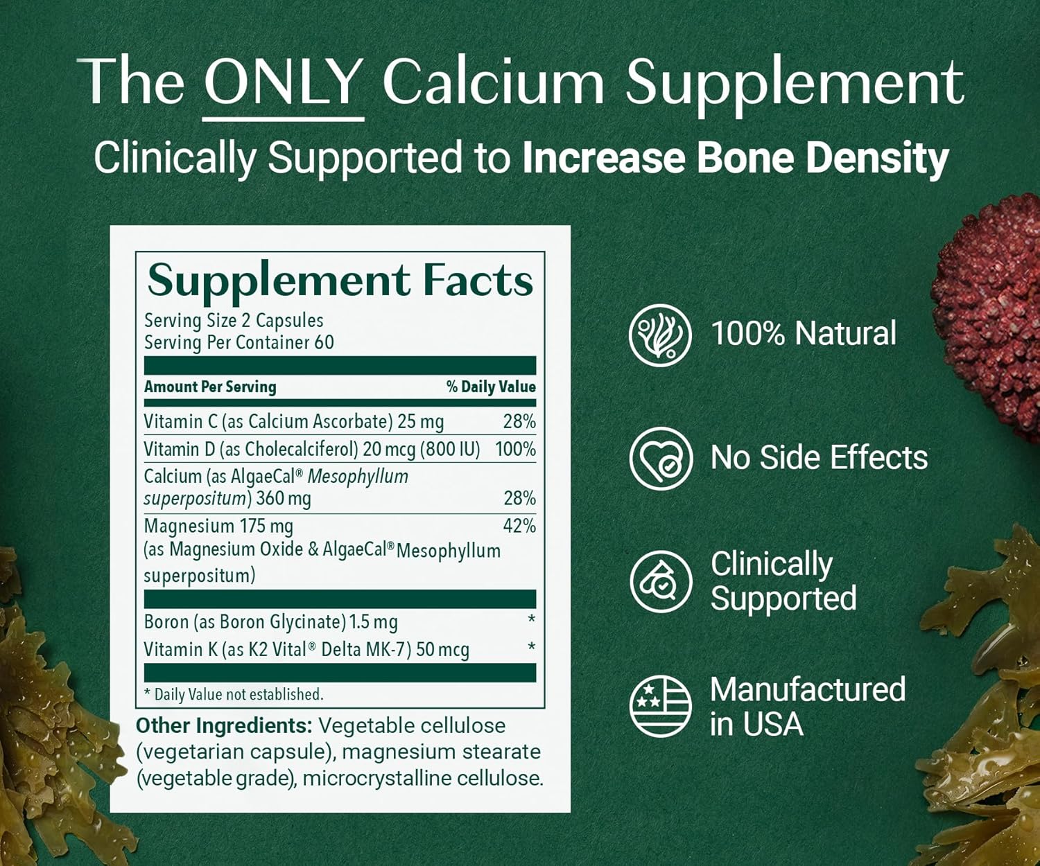 Organic Red Algae Calcium Supplement for Women with Vitamin K2, D3, Magnesium, and Trace Minerals - 120 Easy-to-Swallow Veg Caps for Improved Bone Strength