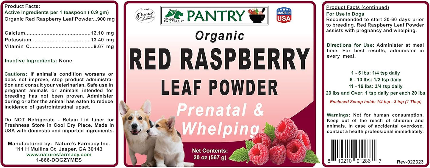 Organic Red Raspberry Leaf Powder for Dogs and Cats - Natural Remedy for Whelping Issues and False Pregnancy Prevention (20 oz)