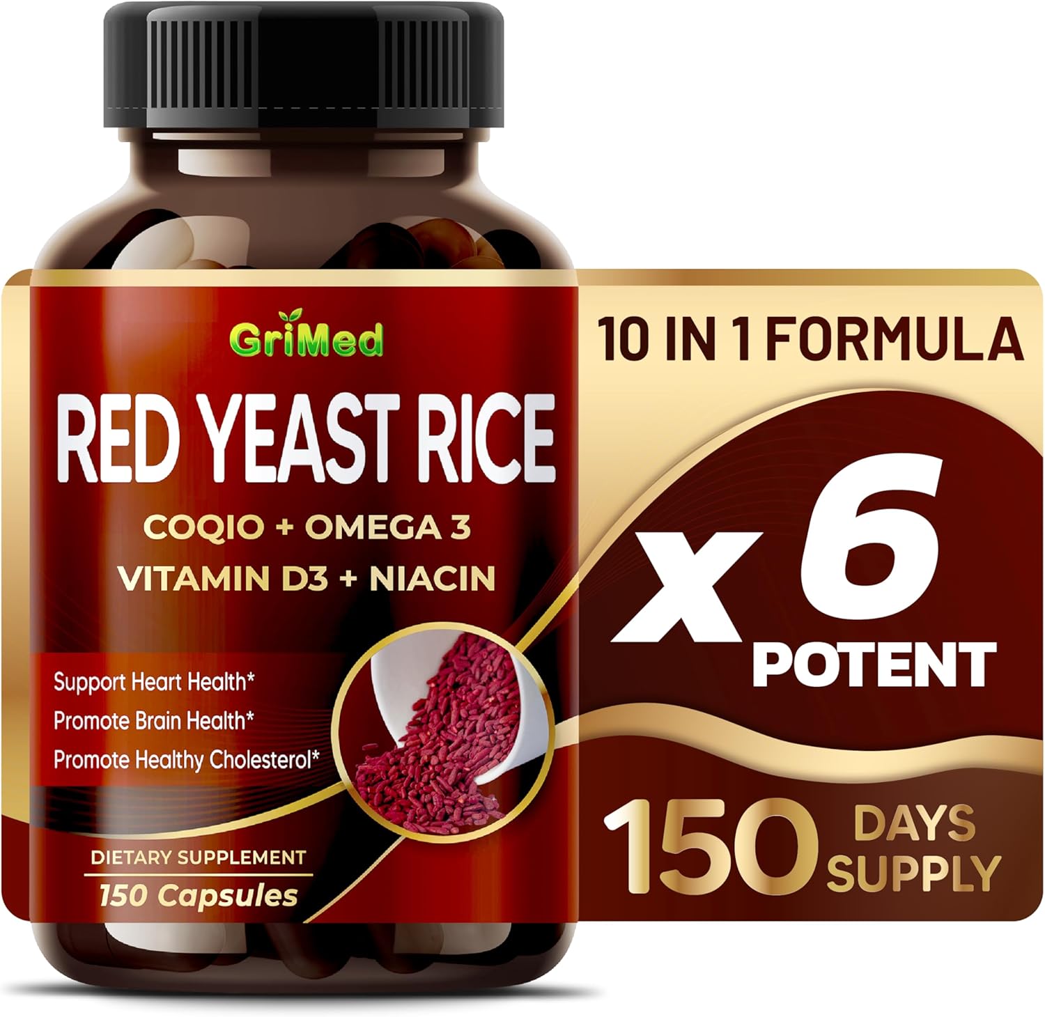 Organic Red Yeast Rice Supplement with CoQ10, Omega 3, Vitamin D3, Niacin - Non-GMO, US-Made (90 Count)