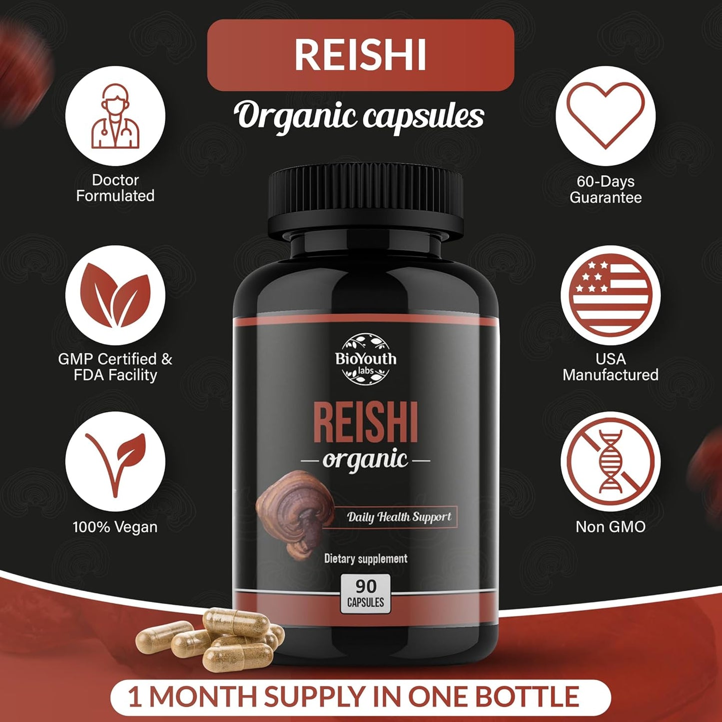 Organic Reishi Mushroom Capsules - Non-GMO & Allergen-Free | 90 Capsules (1-Month Supply) by BioYouth