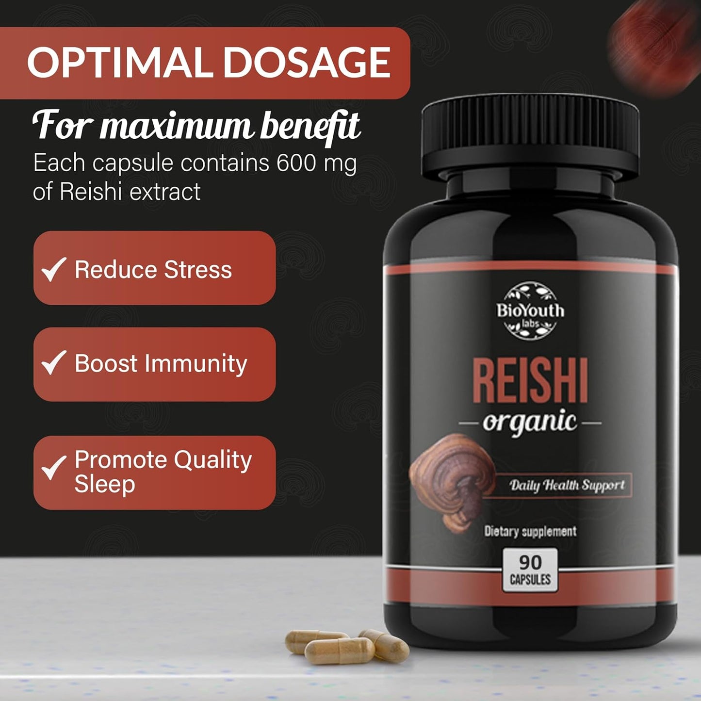 Organic Reishi Mushroom Capsules - Non-GMO & Allergen-Free | 90 Capsules (1-Month Supply) by BioYouth