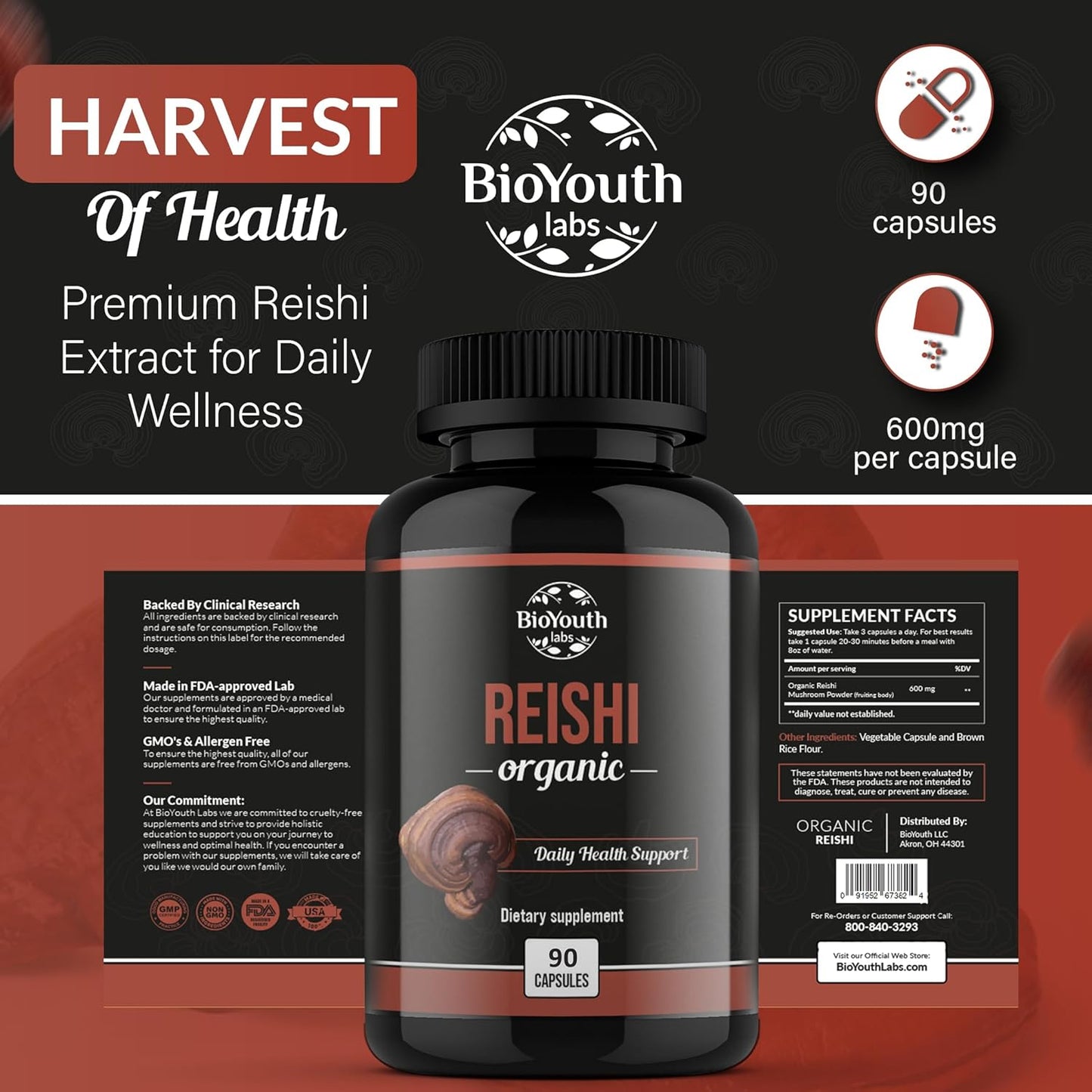 Organic Reishi Mushroom Capsules - Non-GMO & Allergen-Free | 90 Capsules (1-Month Supply) by BioYouth