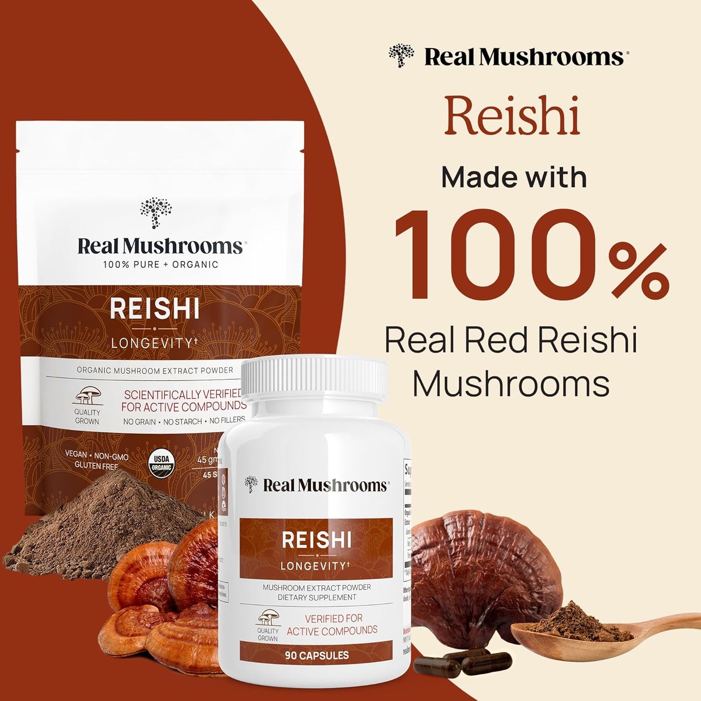 Organic Reishi Mushroom Capsules - Potent Red Vegan Supplement, Non-GMO Extract, 90 Capsules