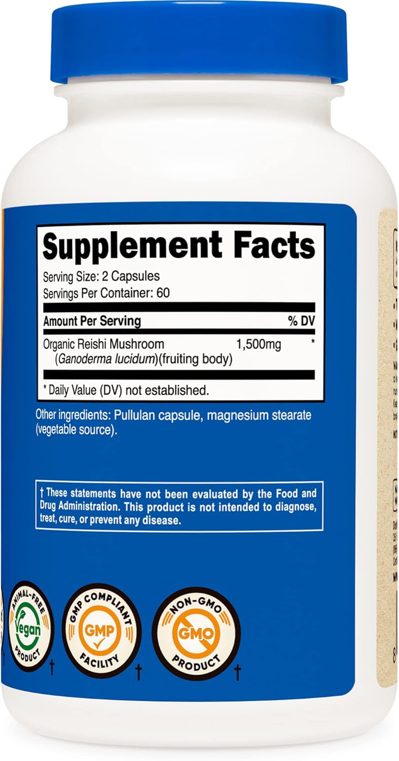 Organic Reishi Mushroom Capsules 1500mg - Vegetarian, Gluten Free, 60 Servings - CCOF Certified, 120 Capsules of 750mg Each