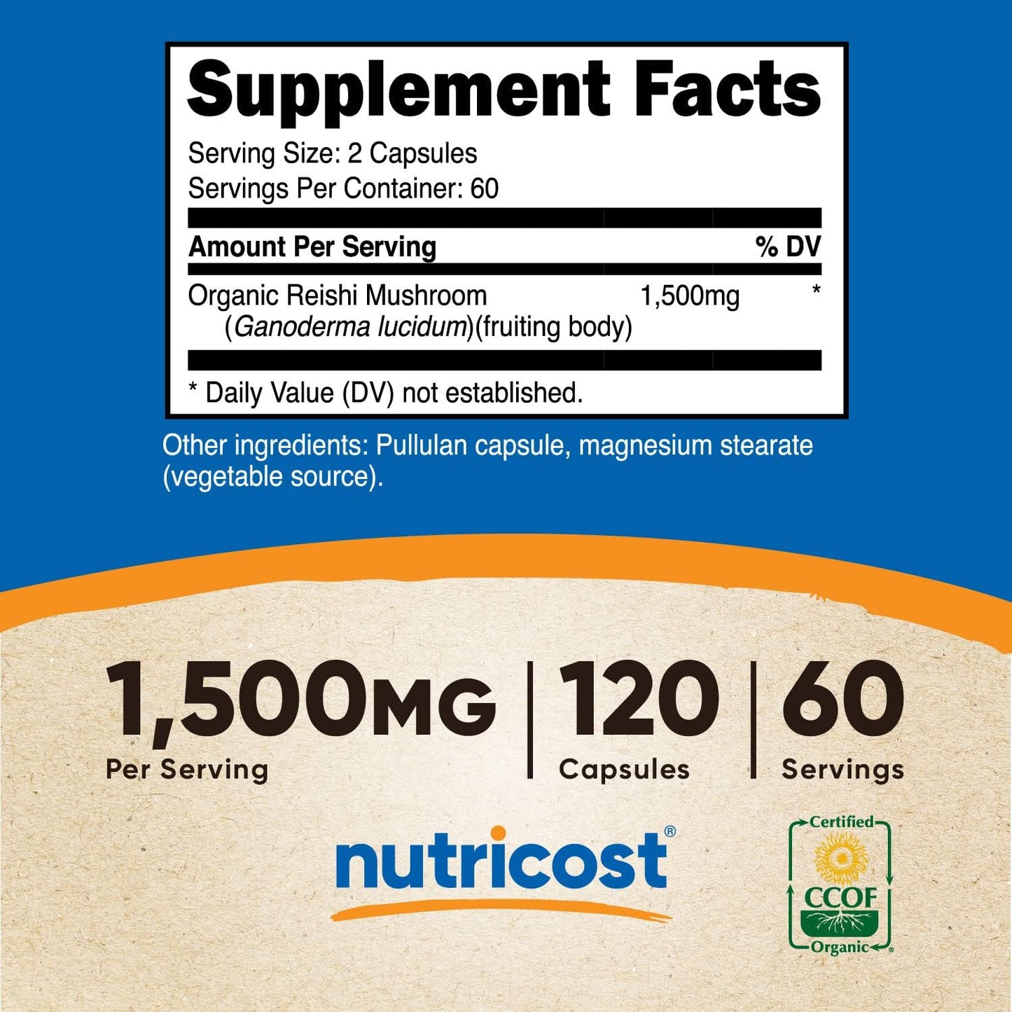 Organic Reishi Mushroom Capsules 1500mg - Vegetarian, Gluten Free, 60 Servings - CCOF Certified, 120 Capsules of 750mg Each
