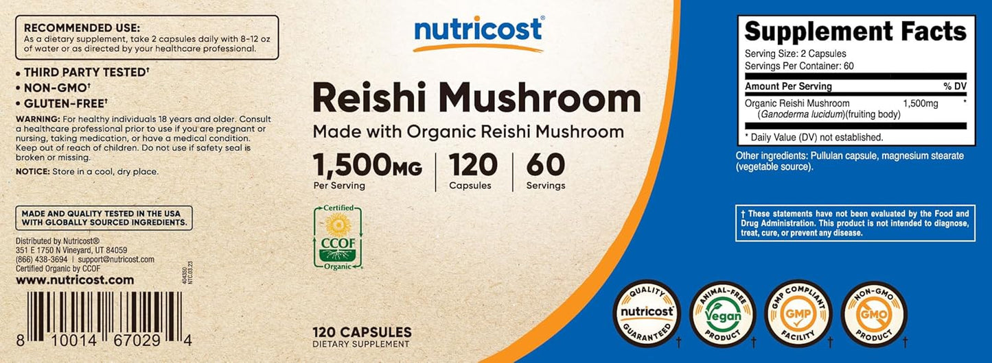 Organic Reishi Mushroom Capsules 1500mg - Vegetarian, Gluten Free, 60 Servings - CCOF Certified, 120 Capsules of 750mg Each
