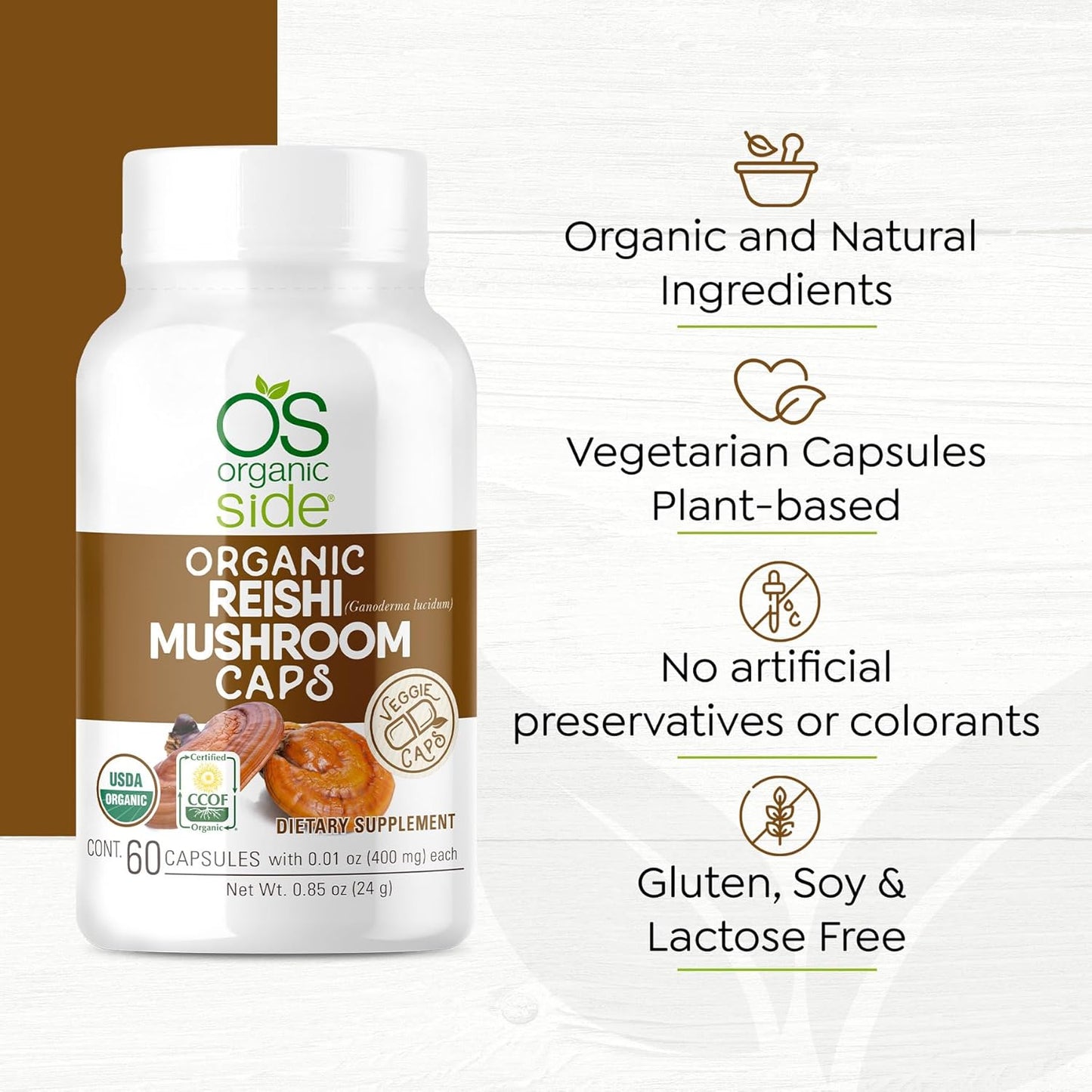 Organic Reishi Mushroom Capsules | 60 Vegan Adaptogen Capsules for Immune Support & Stress Relief | USDA Certified, Non-GMO, Natural Wellness Supplement