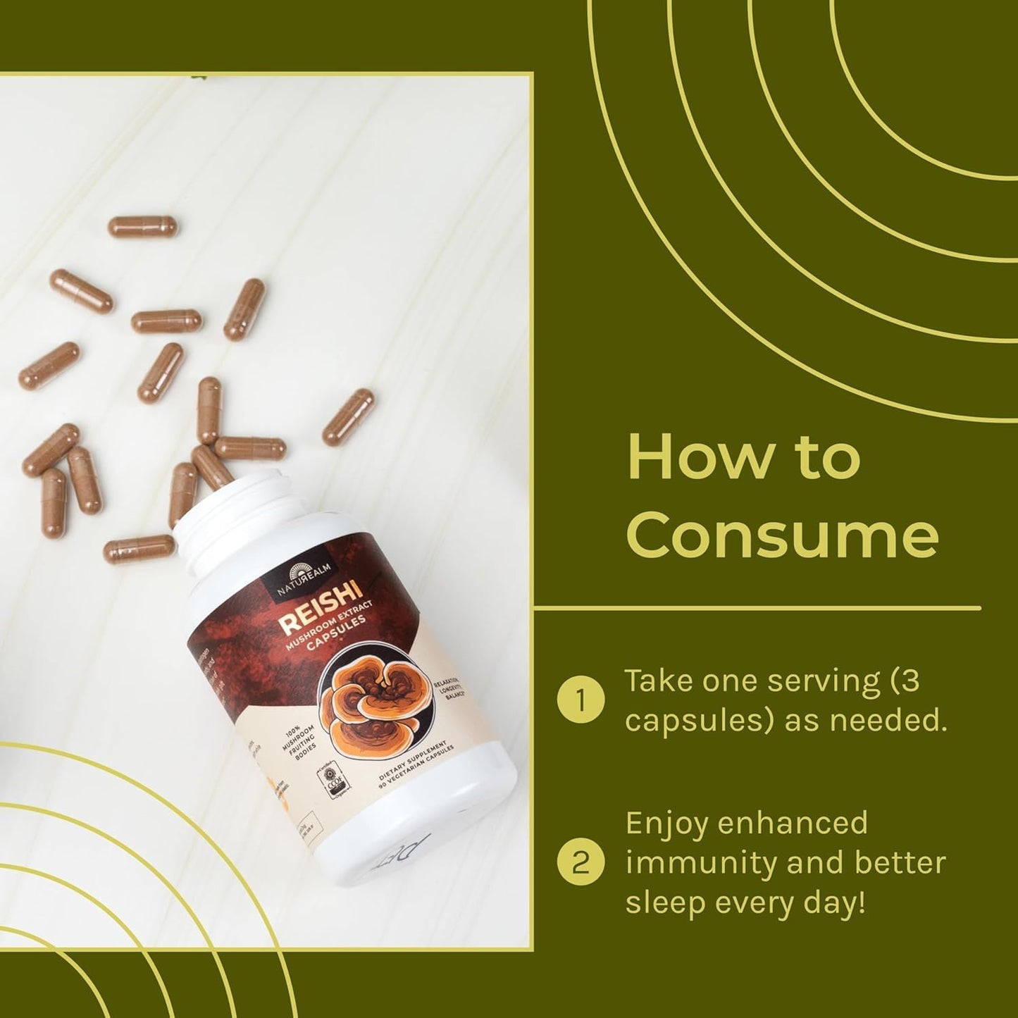 Organic Reishi Mushroom Capsules for Calmness, Immune Support & Sleep - Vegan and Non-GMO Supplement, 30-Day Supply