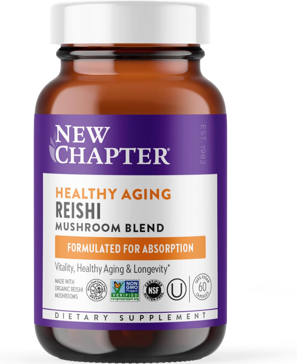 Organic Reishi Mushroom Capsules for Healthy Aging - Vegan Nootropic Supplement with Non-GMO Ingredients - 60 Count