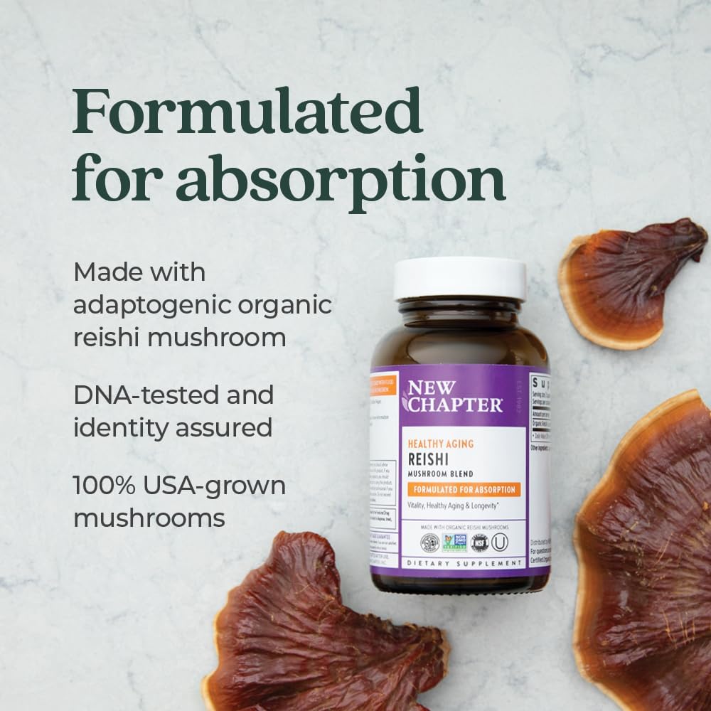 Organic Reishi Mushroom Capsules for Healthy Aging - Vegan Nootropic Supplement with Non-GMO Ingredients - 60 Count