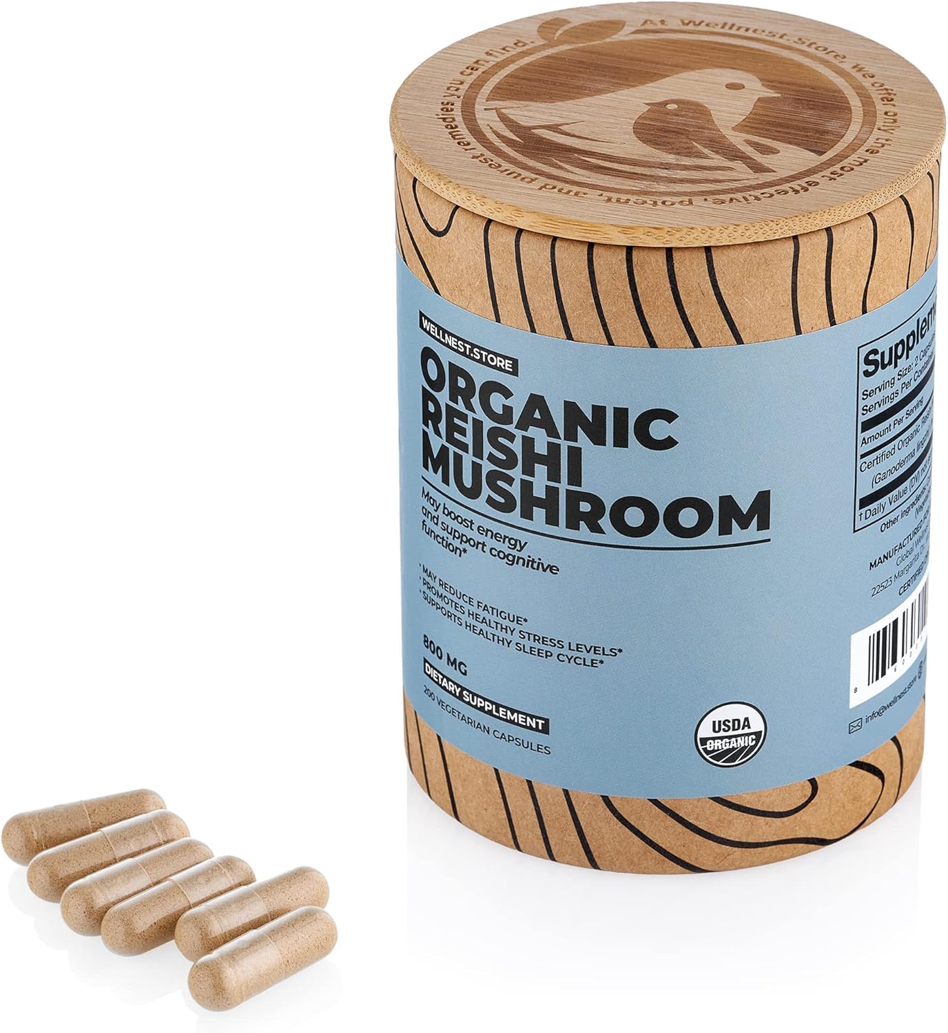 Organic Reishi Mushroom Capsules for Immune Support & Energy | Ganoderma Extract Supplement for Cognitive Function | 200 Mushroom Extract Capsules | Wellnest Store