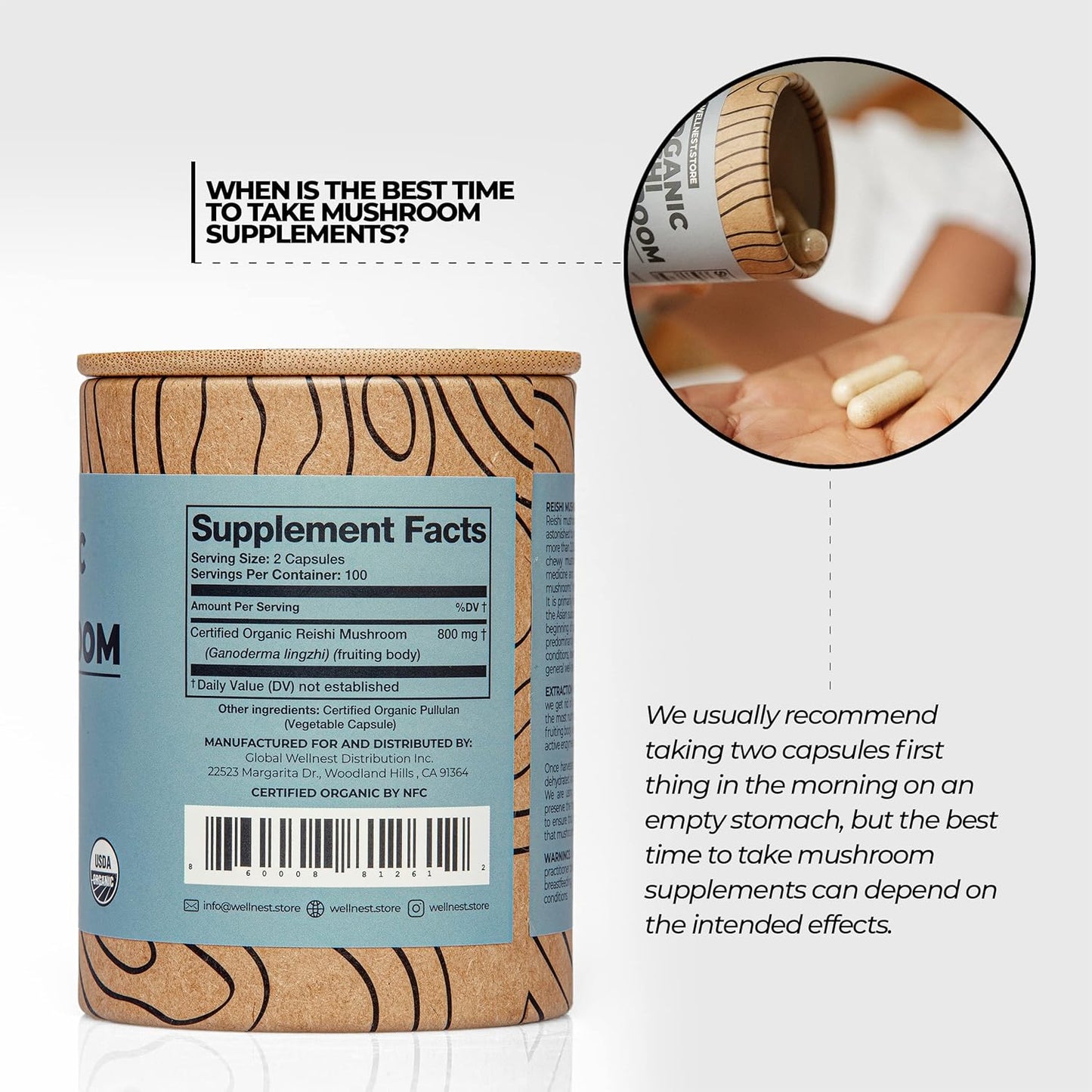 Organic Reishi Mushroom Capsules for Immune Support & Energy | Ganoderma Extract Supplement for Cognitive Function | 200 Mushroom Extract Capsules | Wellnest Store