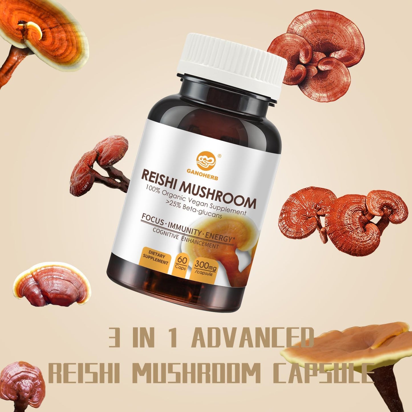 Organic Reishi Mushroom Capsules with Superfood Extracts for Longevity and Immune Health