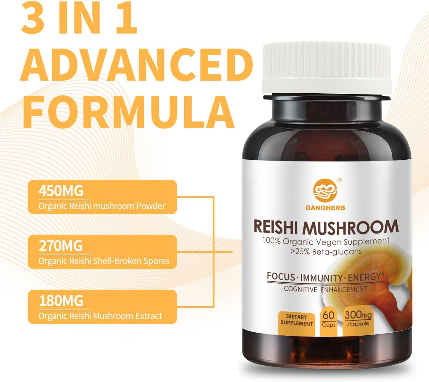 Organic Reishi Mushroom Capsules with Superfood Extracts for Longevity and Immune Health