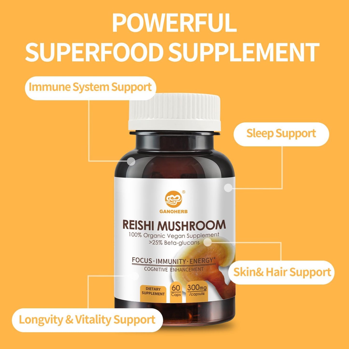 Organic Reishi Mushroom Capsules with Superfood Extracts for Longevity and Immune Health