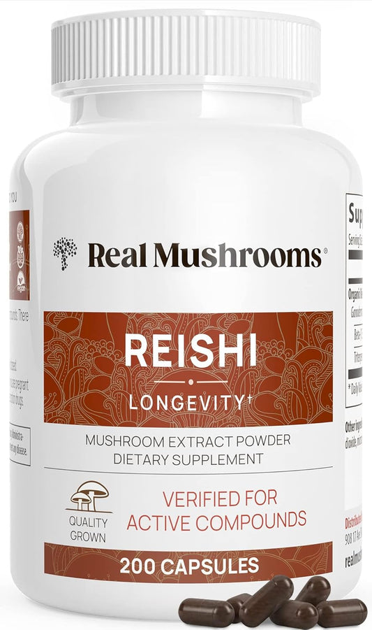 Organic Reishi Mushroom Extract Capsules for Longevity, Mood, Sleep, and Immune Support - 200 Vegan Caps, Non-GMO