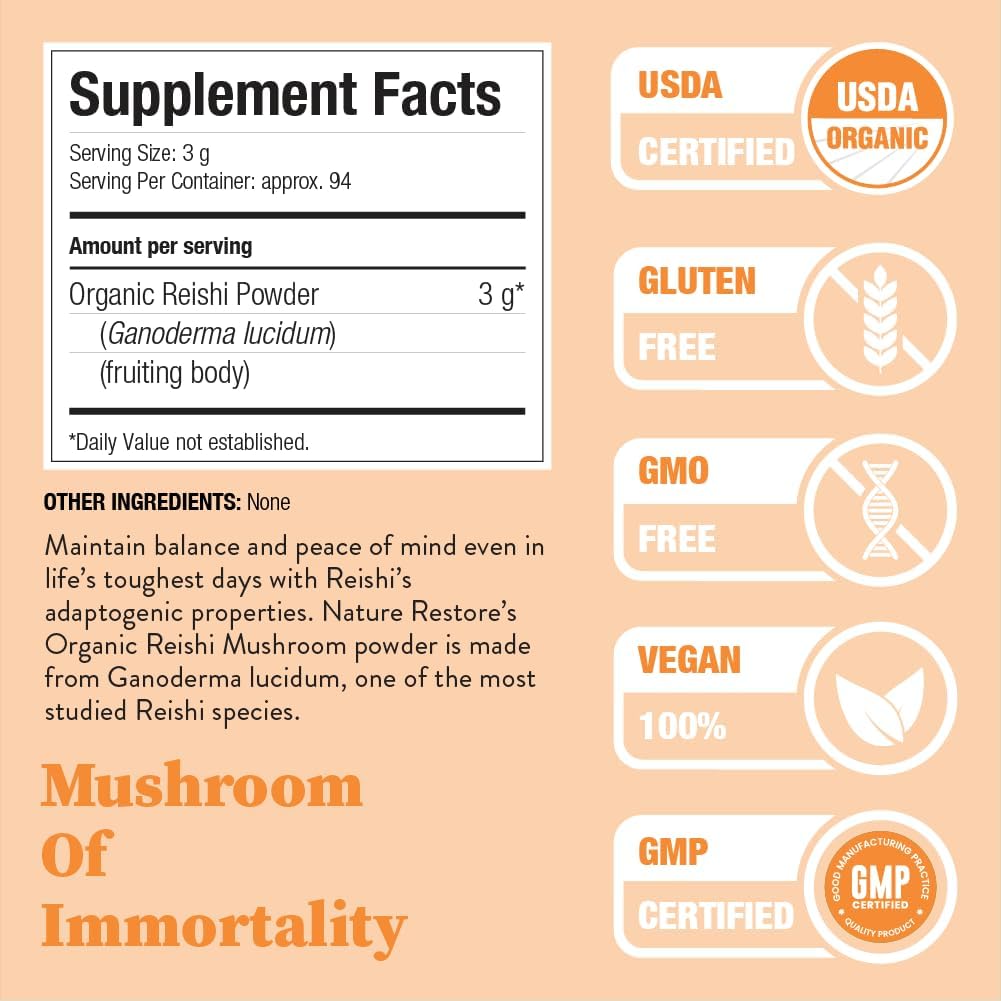 Organic Reishi Mushroom Powder - 10oz, USDA Certified, Non-GMO, Gluten-Free, California Packaged - Ganoderma Lucidum/Lingzhi