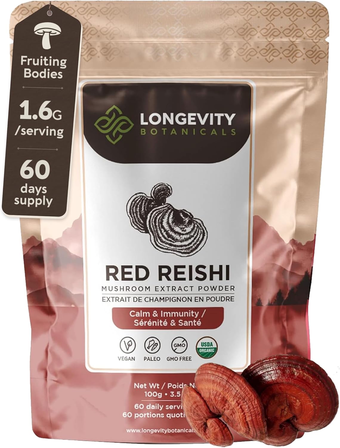Organic Reishi Mushroom Powder - Immune Support Supplement - Stress Relief & Sleep Aid - 100% Fruiting Body - 100g