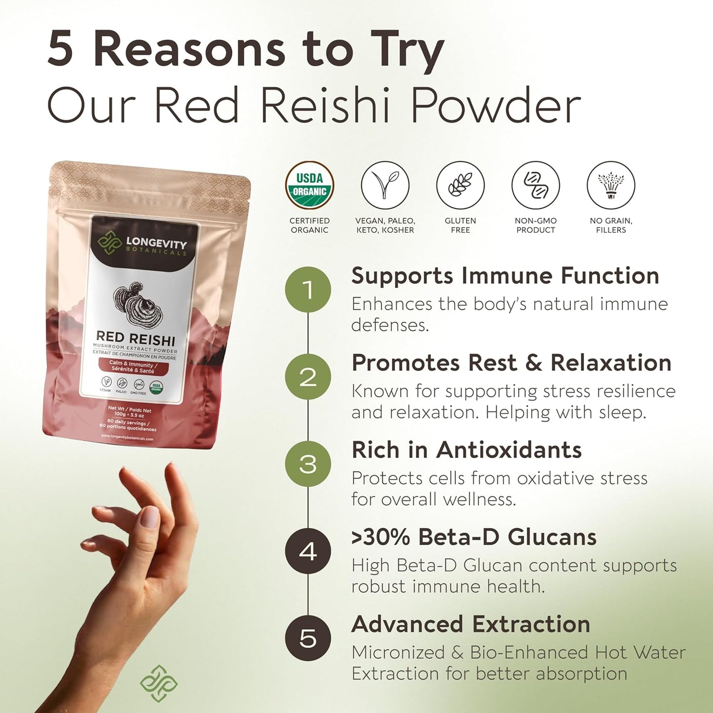 Organic Reishi Mushroom Powder - Immune Support Supplement - Stress Relief & Sleep Aid - 100% Fruiting Body - 100g